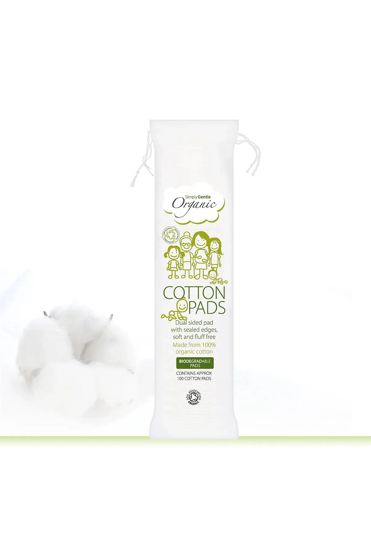 White cotton pad with organic packaging on a white background