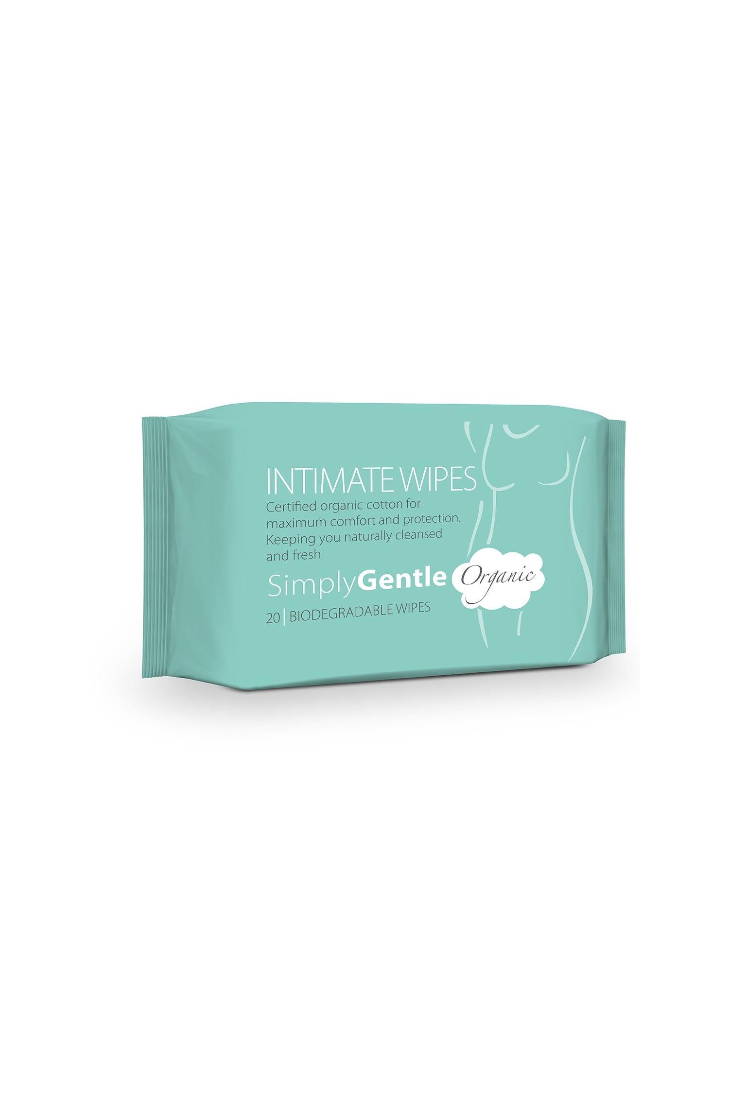 Package of intimate wipes with 'Simply Gentle' branding on a white background