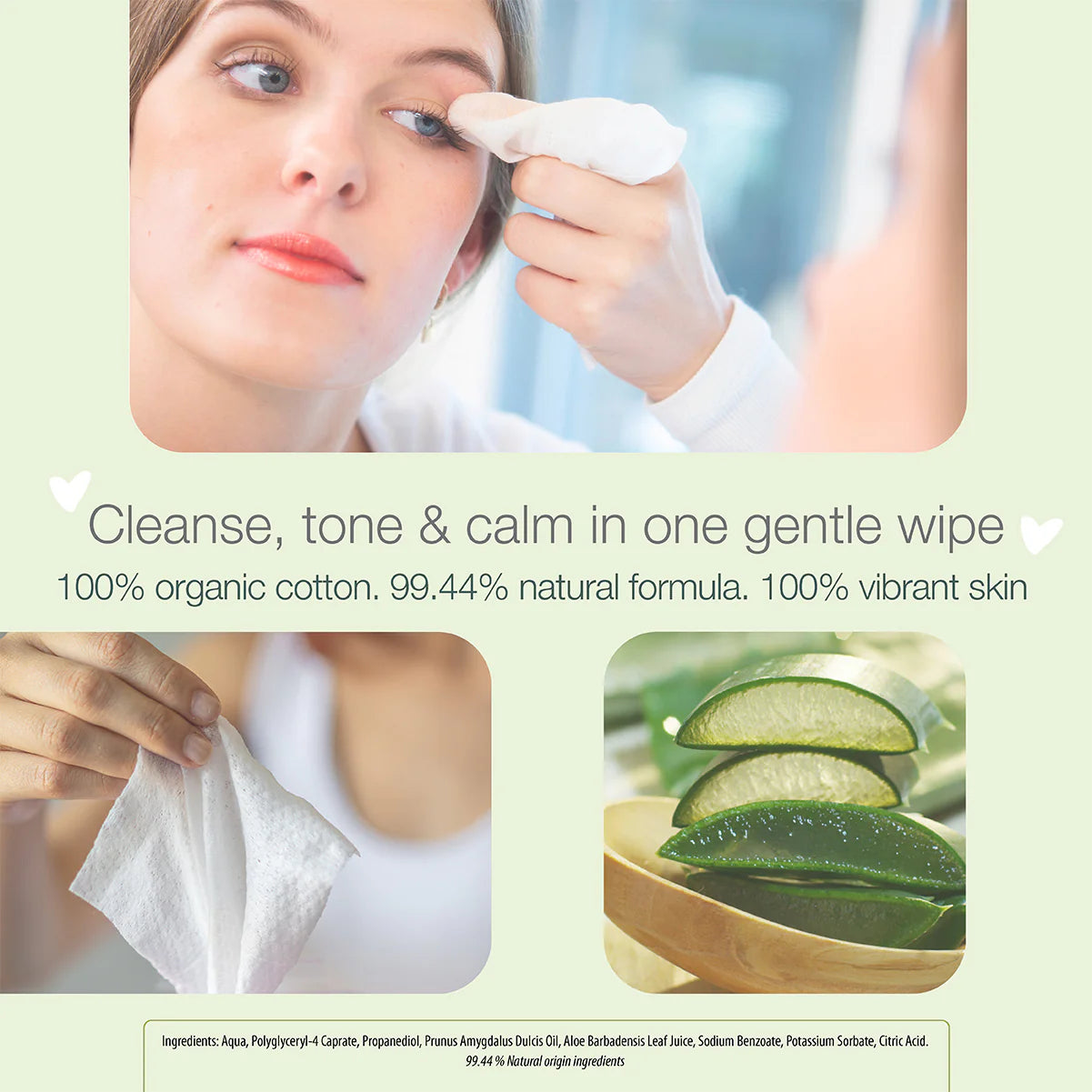 Person using a cotton pad with text about organic cotton and natural skincare.
