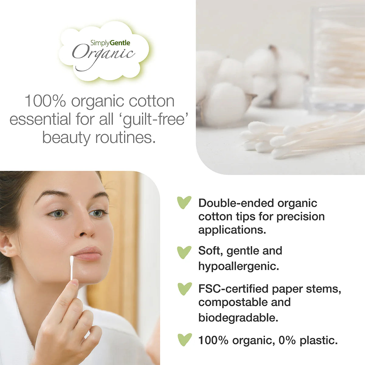 Advertisement for Simply Gentle Organic cotton with a woman using cotton swabs and product display.
