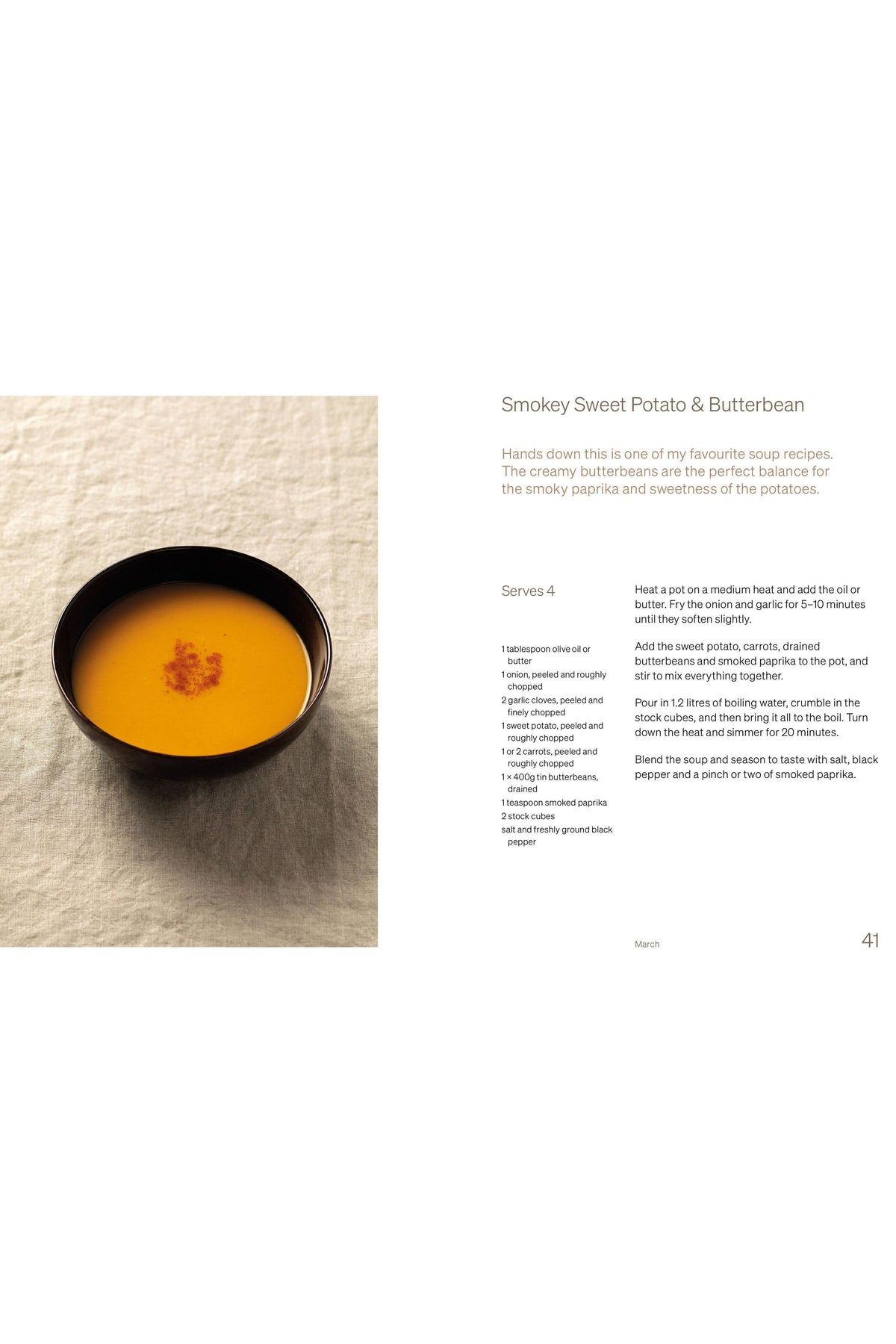 A bowl of smokey sweet potato and butterbean soup presented as a page from a vegetarian recipe book.