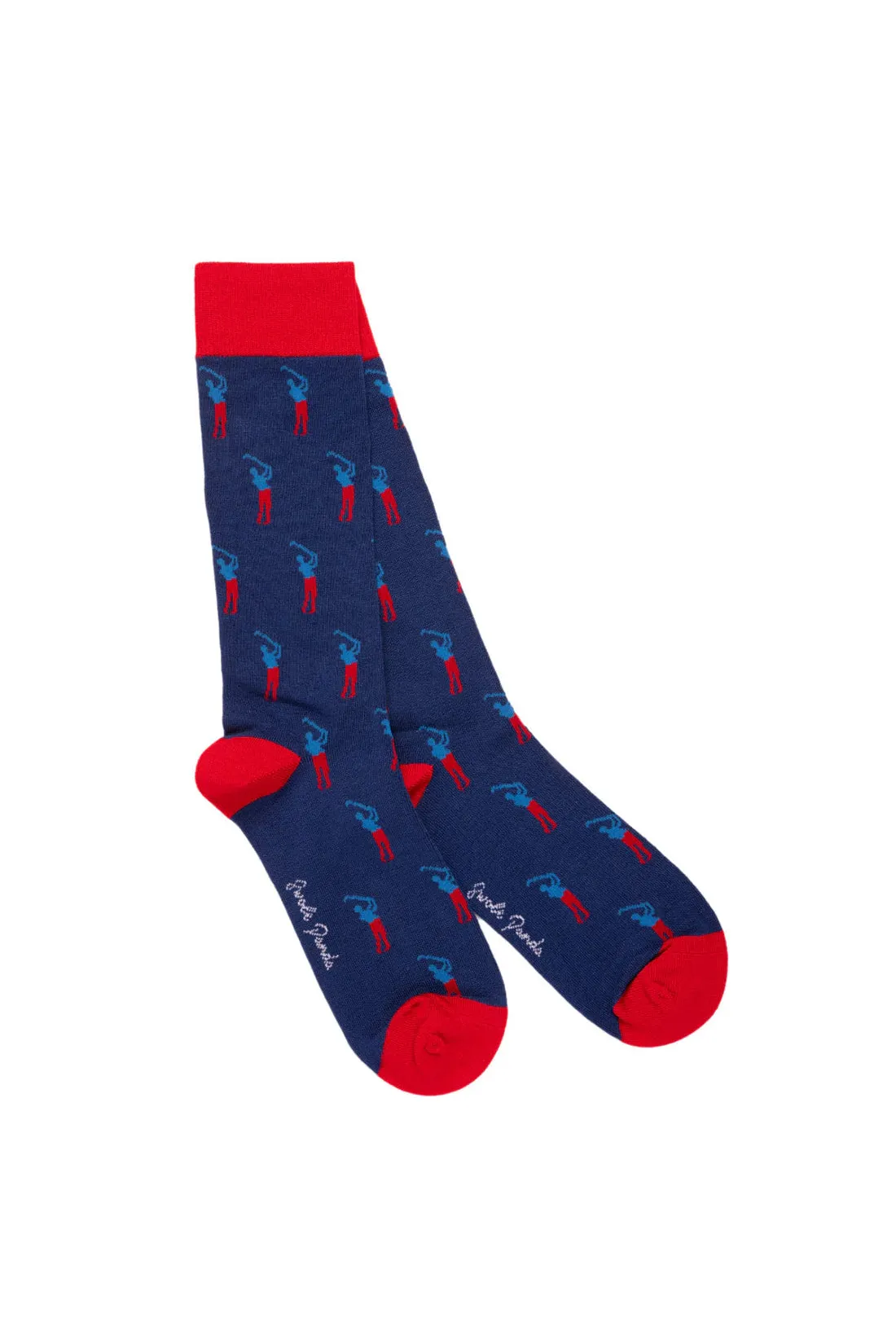 Blue sock with red accents featuring a pattern on a white background