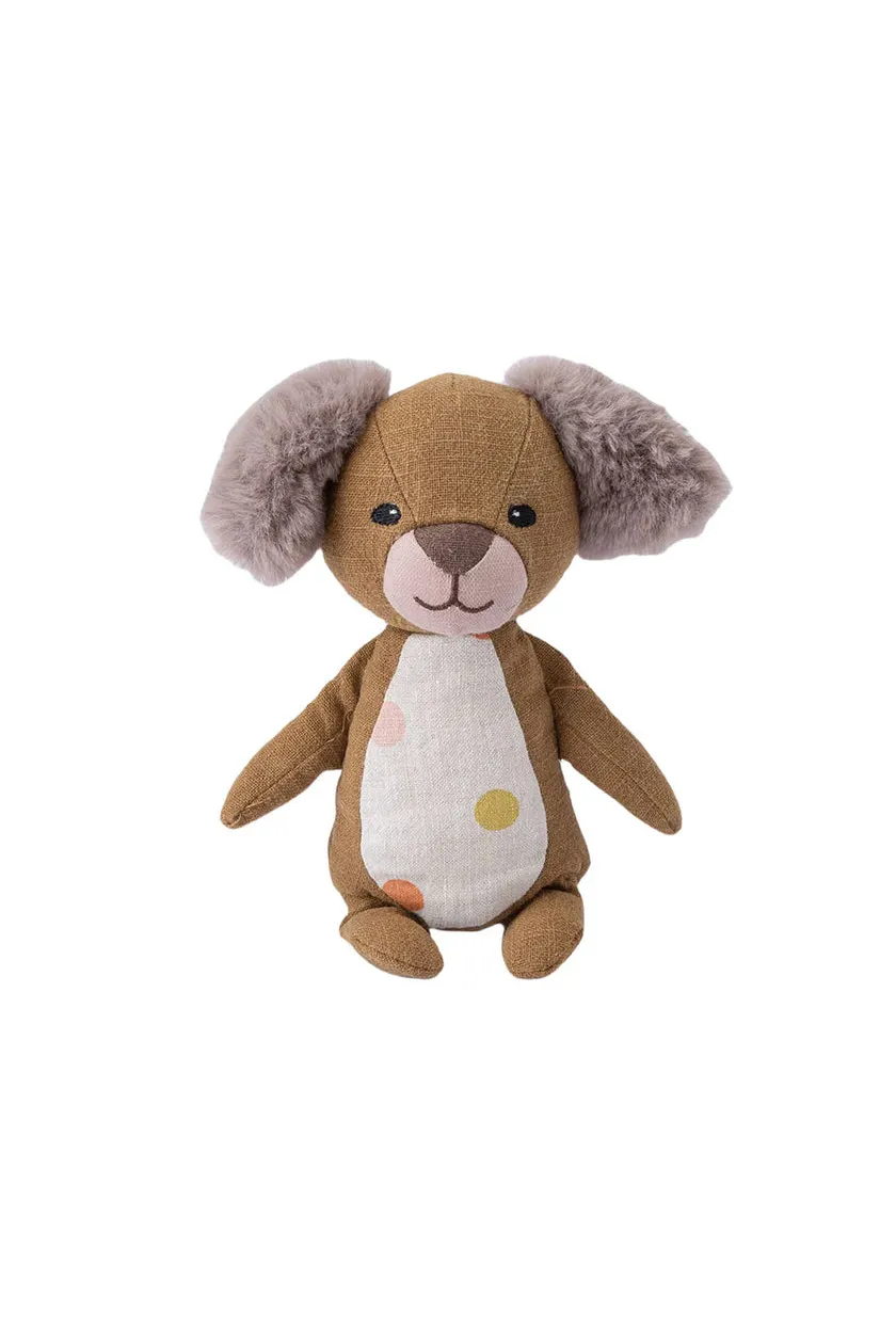 Stuffed animal toy resembling a dog with brown fur, white belly, and gray ears on a white background
