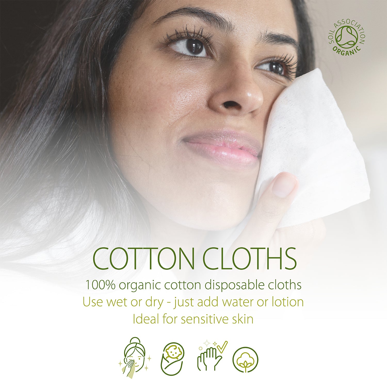 Woman using a 100% organic cotton disposable cloth with text and logos on a white background