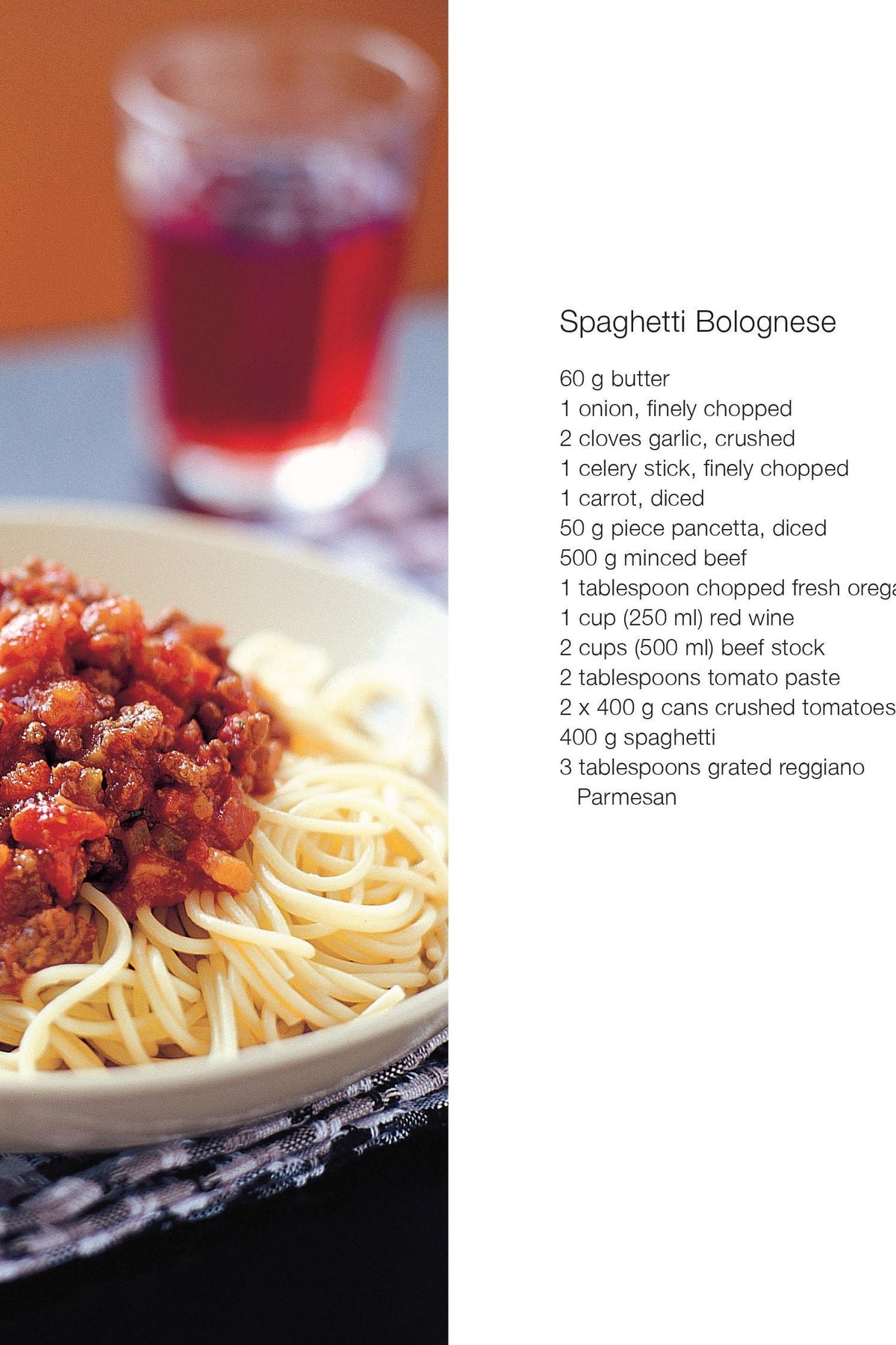 A page from a recipe book showing a spaghetti bolognese dish with ingredients list and preparation instructions.