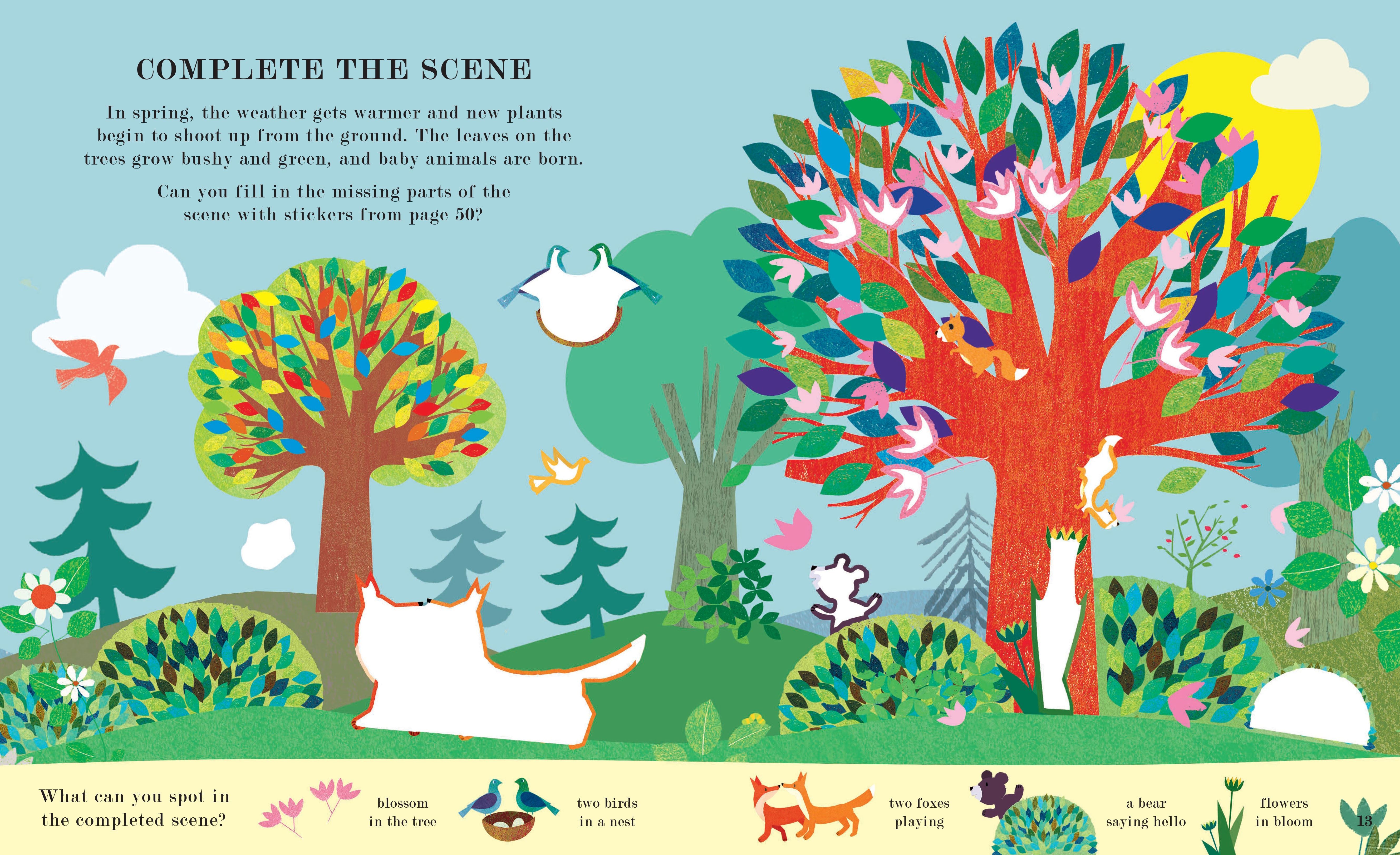 A colorful spring forest activity page with blank spaces for stickers, featuring trees, a sun, and animal silhouettes.