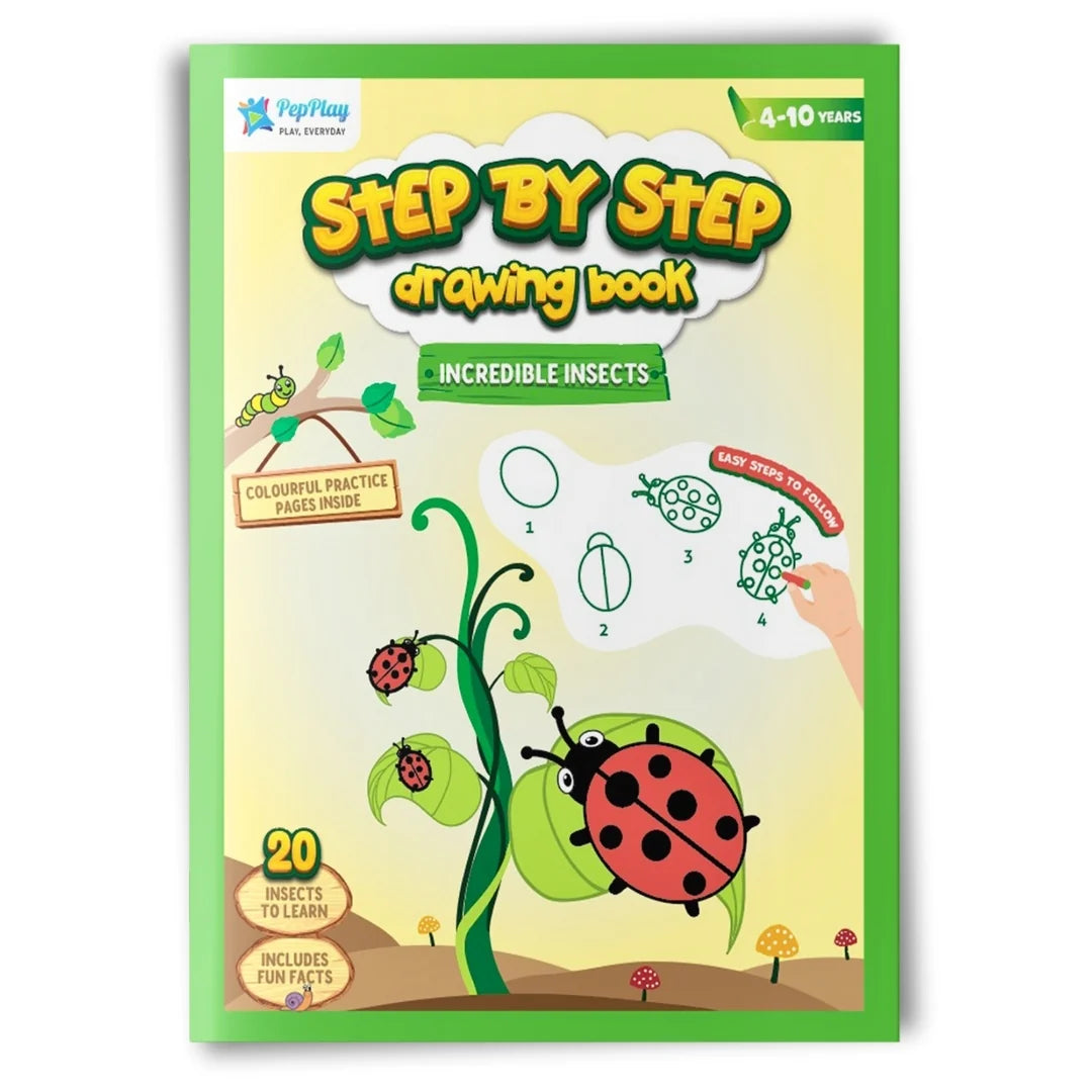 Step By Step Drawing Book for kids, featuring a colorful cover with illustrations of ladybugs, a green beanstalk, and a hand drawing a leaf. The book is published by PepPlay.