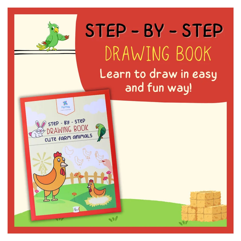 A colorful promotional graphic for a children's step-by-step drawing book about farm animals. The design has a red border, a large red title panel reading 'STEP-BY-STEP DRAWING BOOK' with the subtitle 'Learn to draw in easy and fun way!', and a smaller inset showing the book cover with cartoon chickens, a rabbit, and a parrot.
