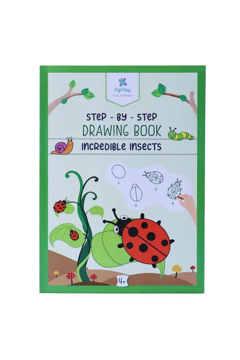 A children's step-by-step drawing book titled 'Incredible Insects' by PepPlay, featuring colorful cartoon illustrations of ladybugs, a snail, a green beanstalk, and a hand drawing a ladybug on a light blue cover with a green border.