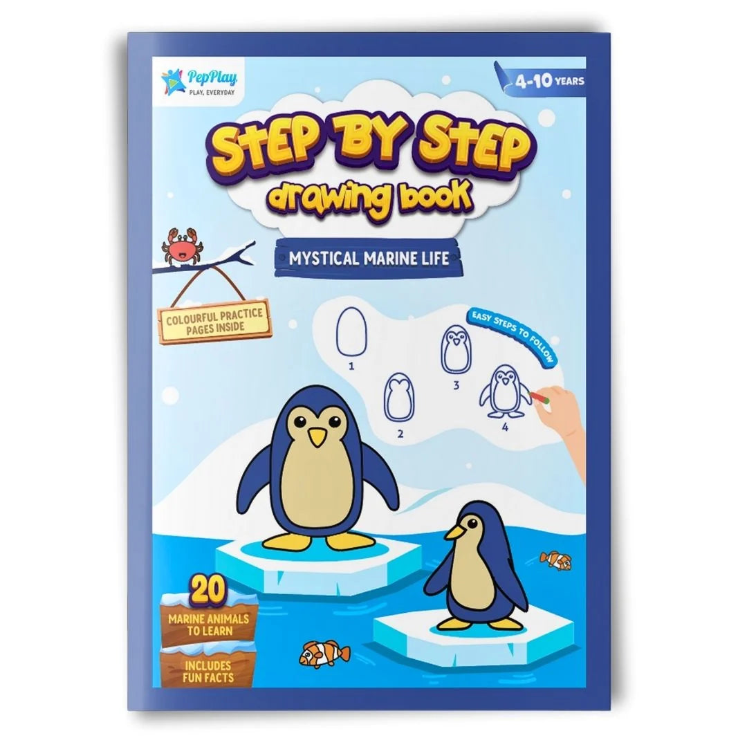 Step-by-step drawing book for children titled 'Mystical Marine Life' with penguin illustrations on a blue background.