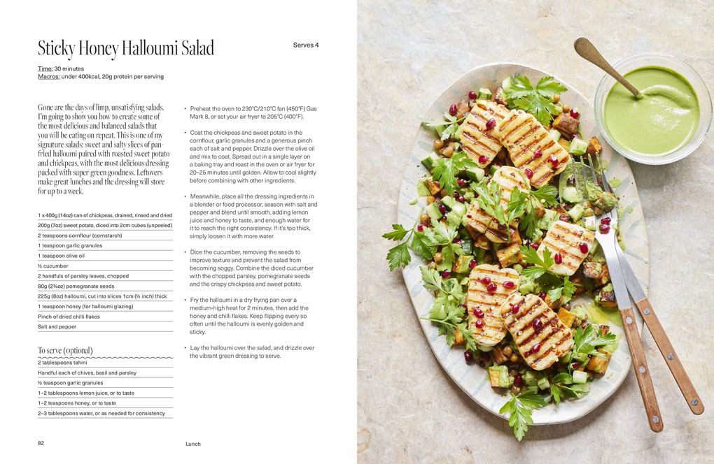 Sticky Honey Halloumi Salad on a plate with a side of green sauce, on a textured surface.