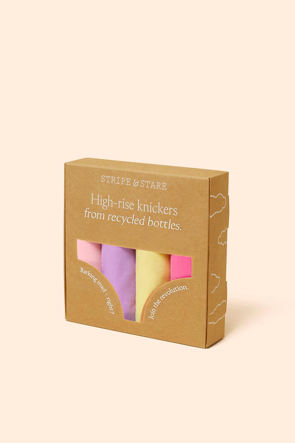 Packaged high-rise knickers from recycled bottles with 'Stripe & Stare' branding on a beige background.