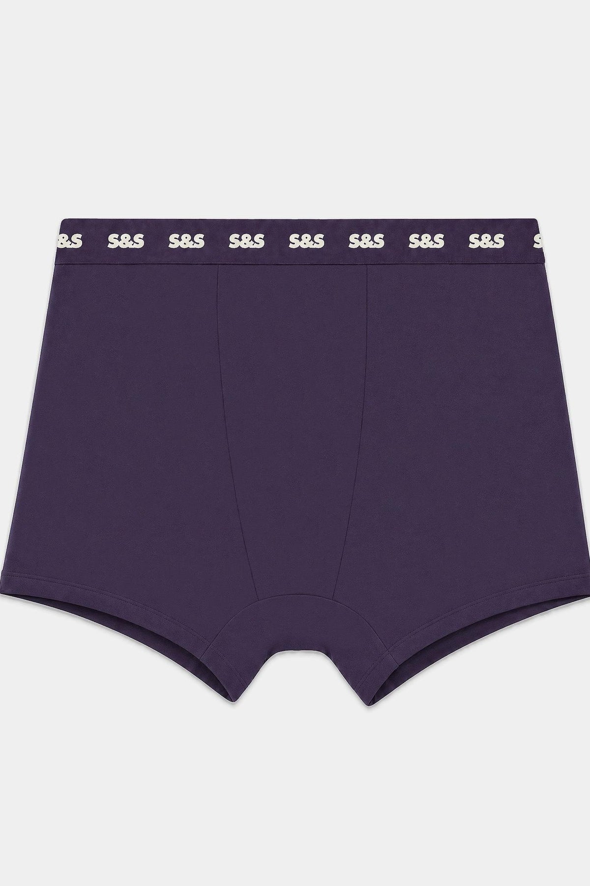 Stripe and Stare purple women's boxer briefs with branded elastic waistband on a plain background.