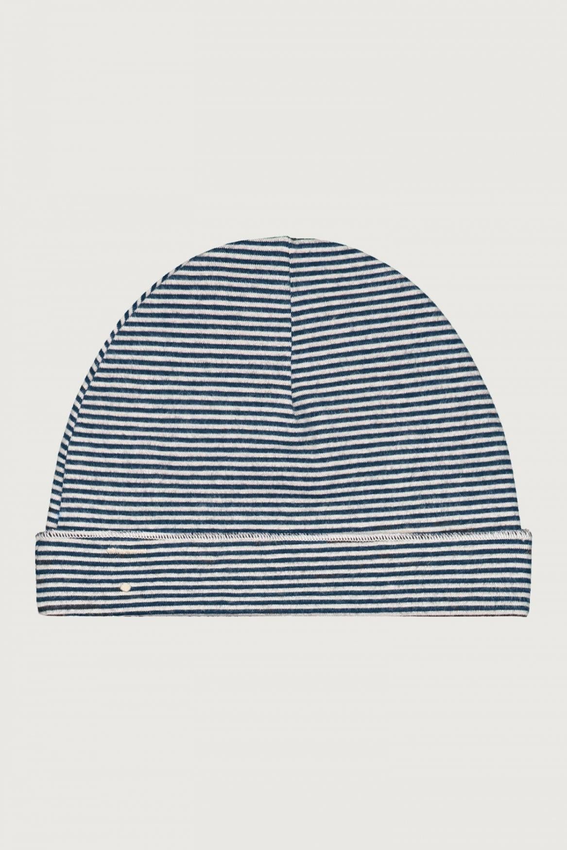 A navy blue and white horizontally striped knit beanie hat, shown flat against a light gray background.