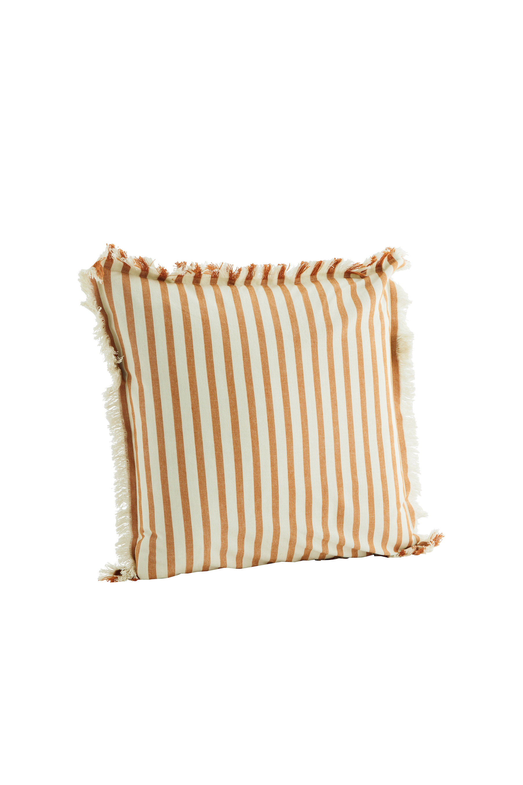 Square decorative cushion featuring orange and white stripes with fringe edges isolated on white.