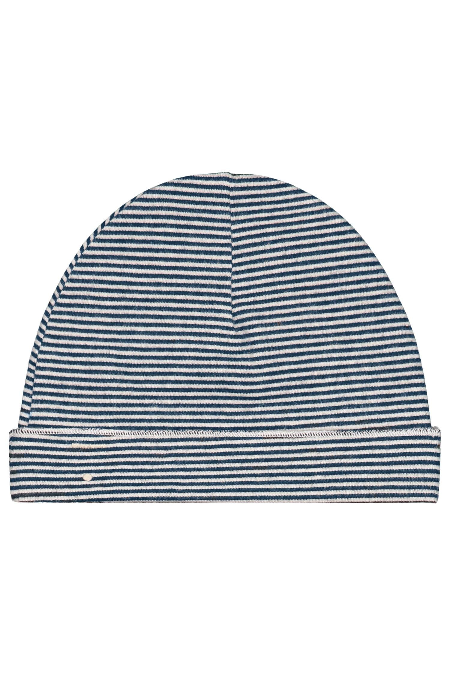 A knit beanie hat with horizontal navy blue and off-white stripes, featuring a folded cuff, shown against a plain white background.