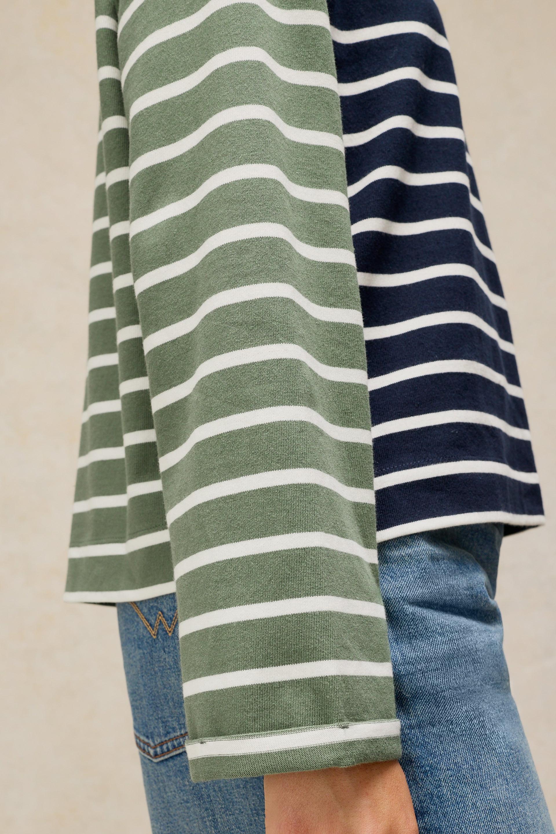 A person wearing a color-blocked long-sleeve shirt with green and navy stripes over blue jeans