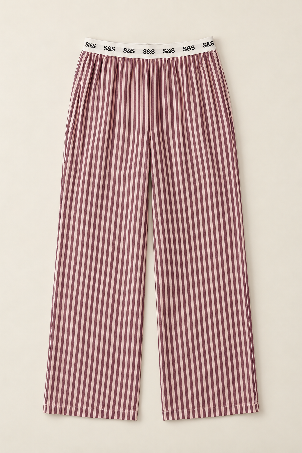A pair of maroon and white striped pyjama pants with an elastic waistband featuring the S&S logo.