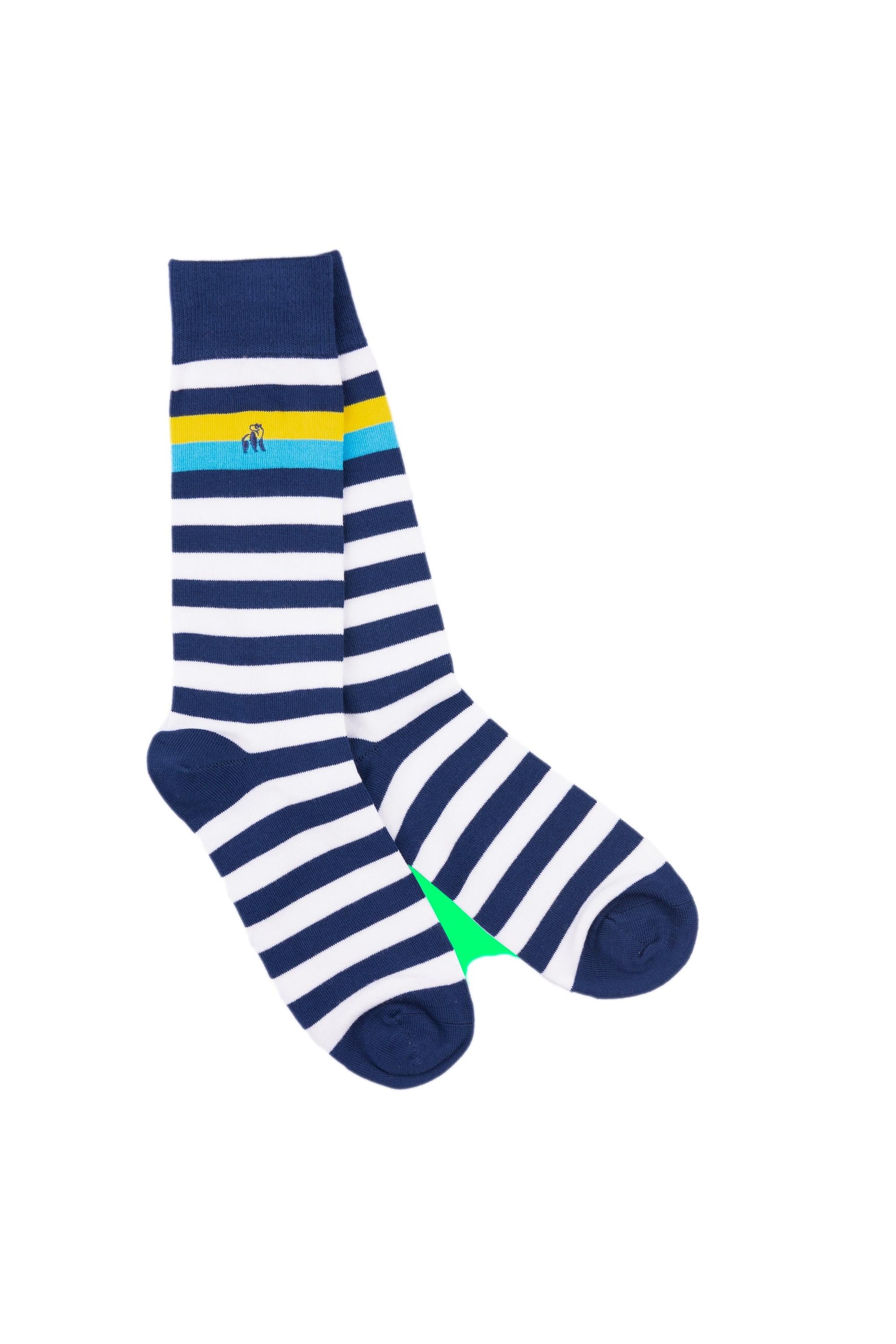 A pair of navy blue and white striped crew socks featuring a small Swole Panda logo on a white background.