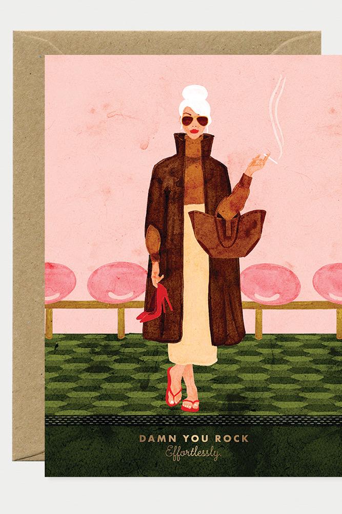 Greeting card with illustration of a stylish woman smoking a cigarette, on a pink and green background.