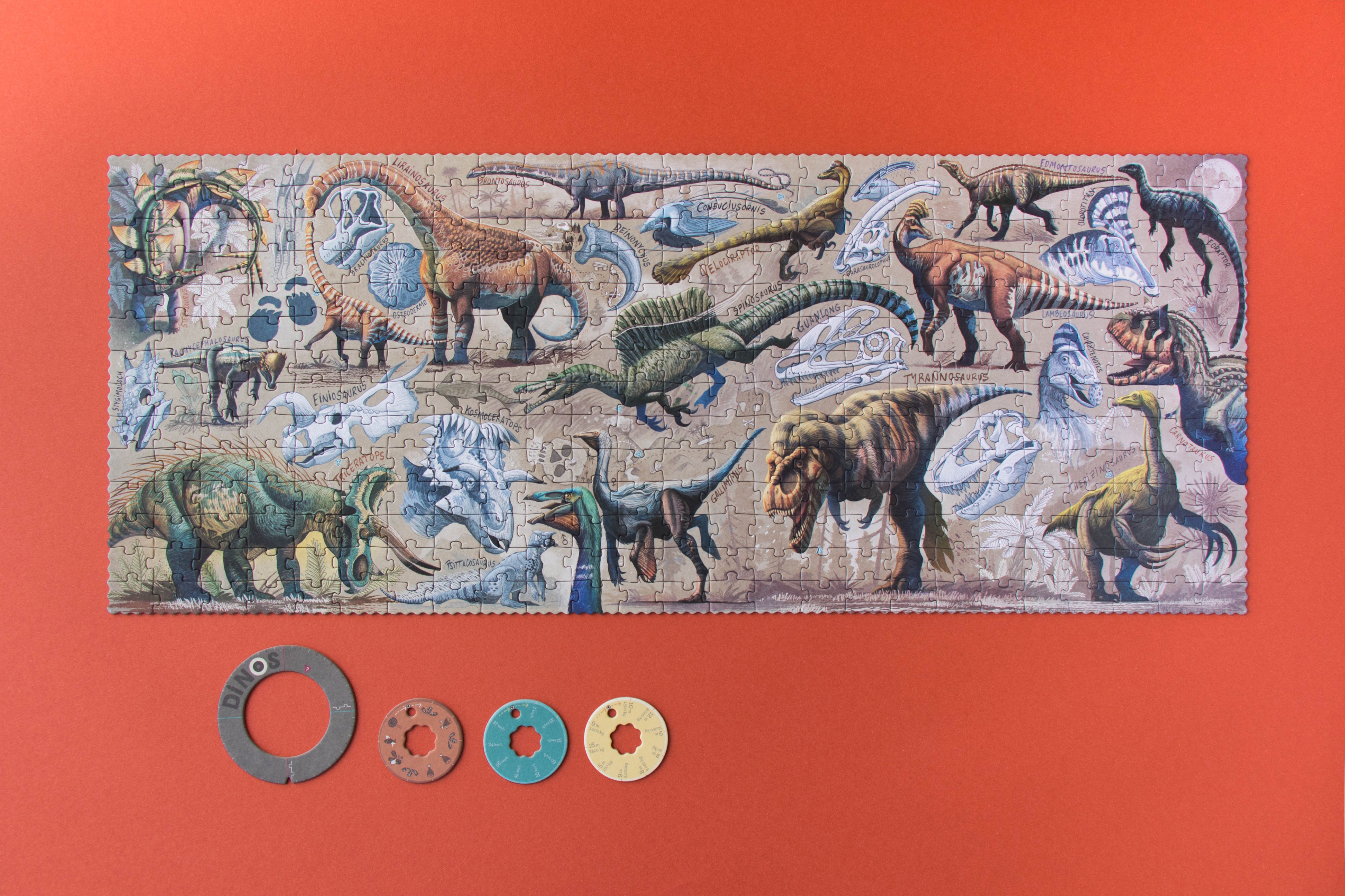 Dinosaur puzzle on a red background with decorative elements.