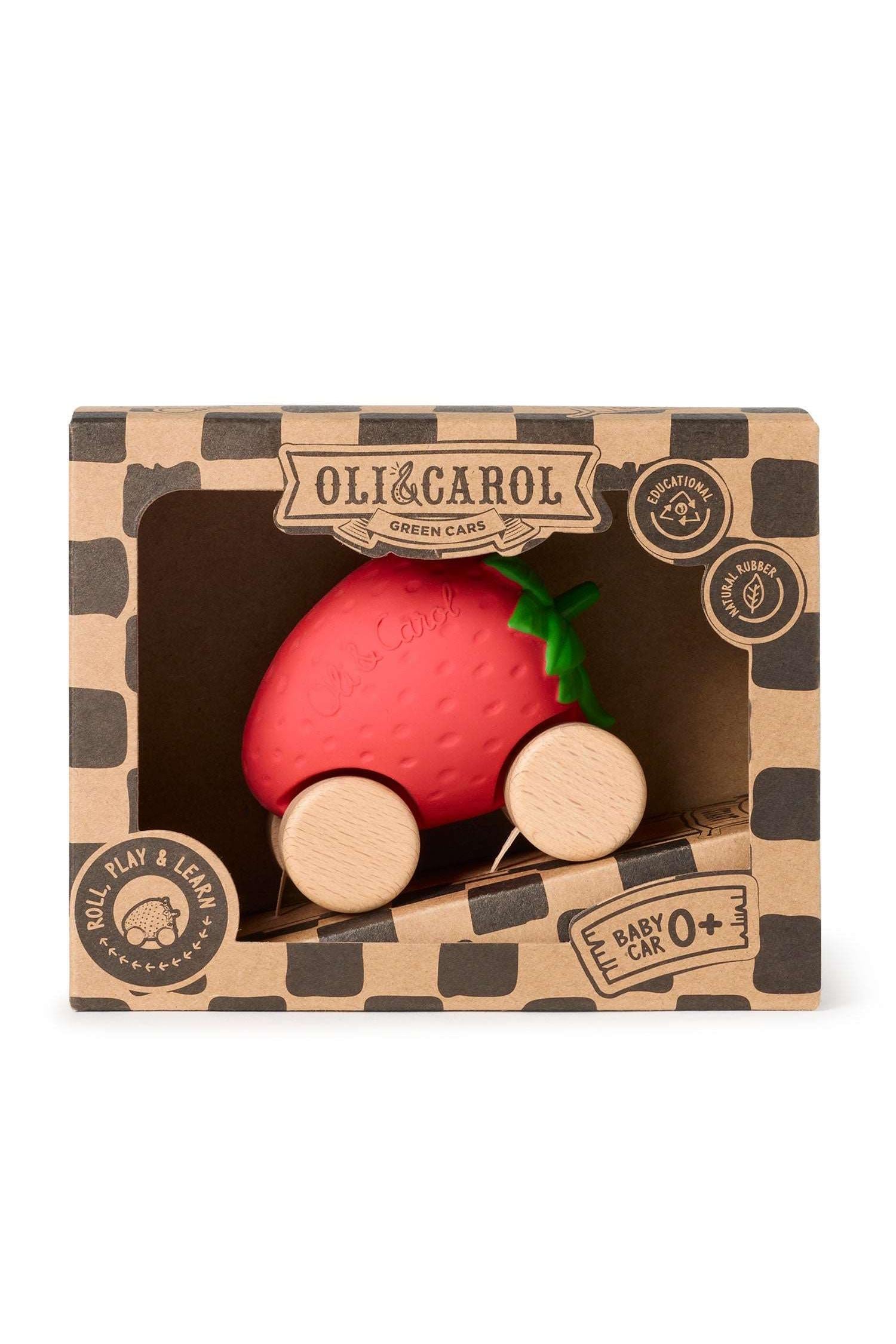 Sweetie the Strawberry baby car toy for ages 0+, handcrafted from FSC-certified wood and natural rubber.
