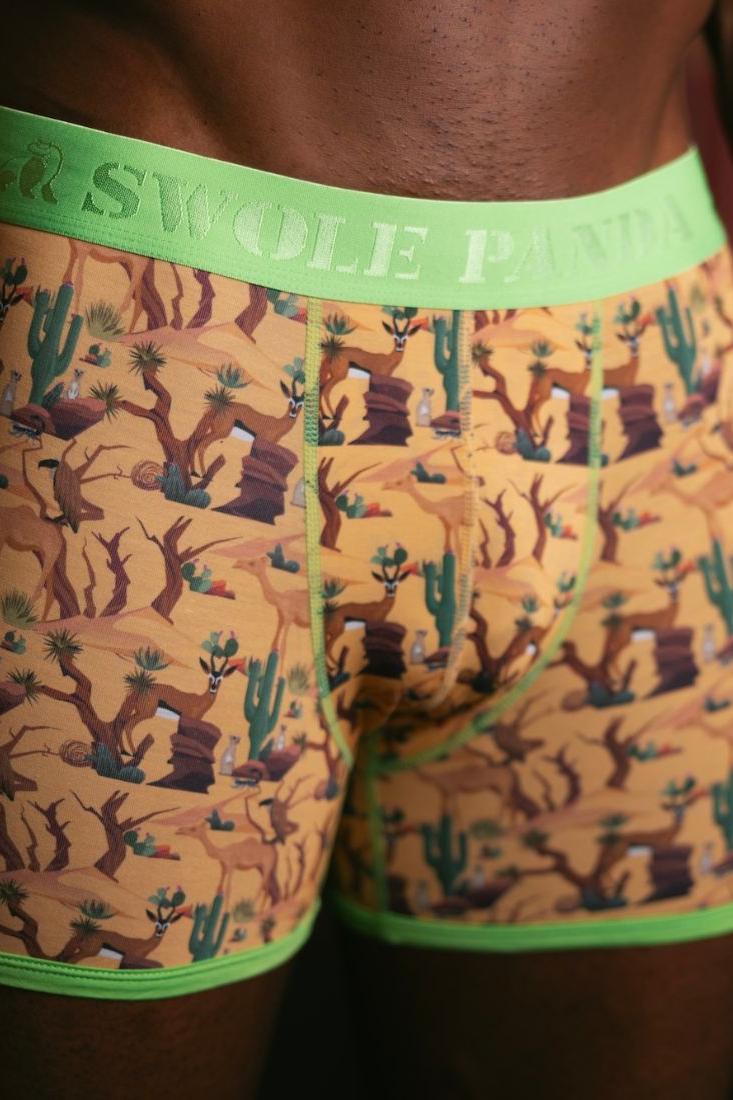 Close-up of men wearing Swole Panda boxer briefs with a desert-themed print and lime green trim.
