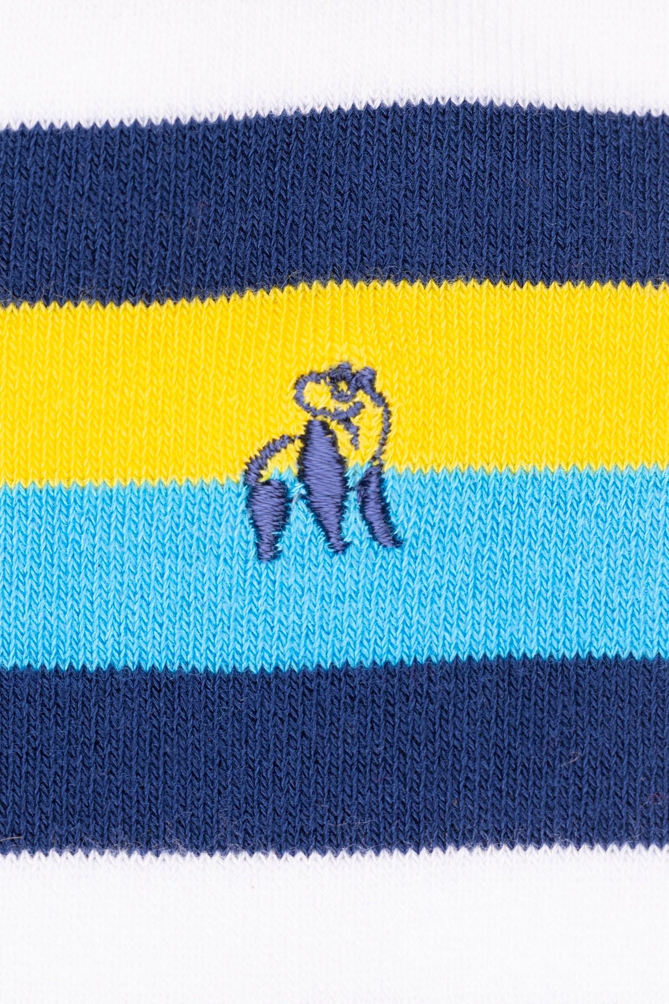 A Swole Panda logo embroidered on a piece of blue, yellow, and white striped fabric.