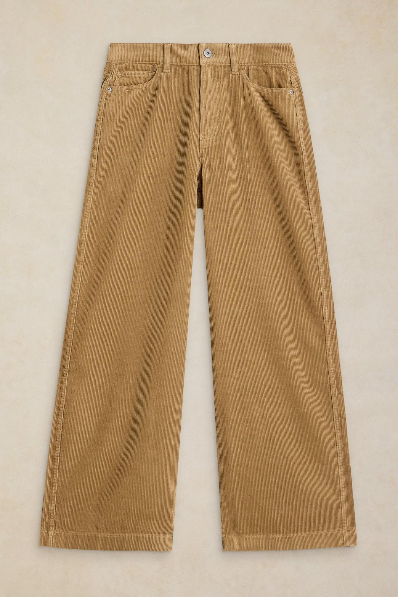 Tan organic cotton cord trousers for women laid flat on a neutral background.