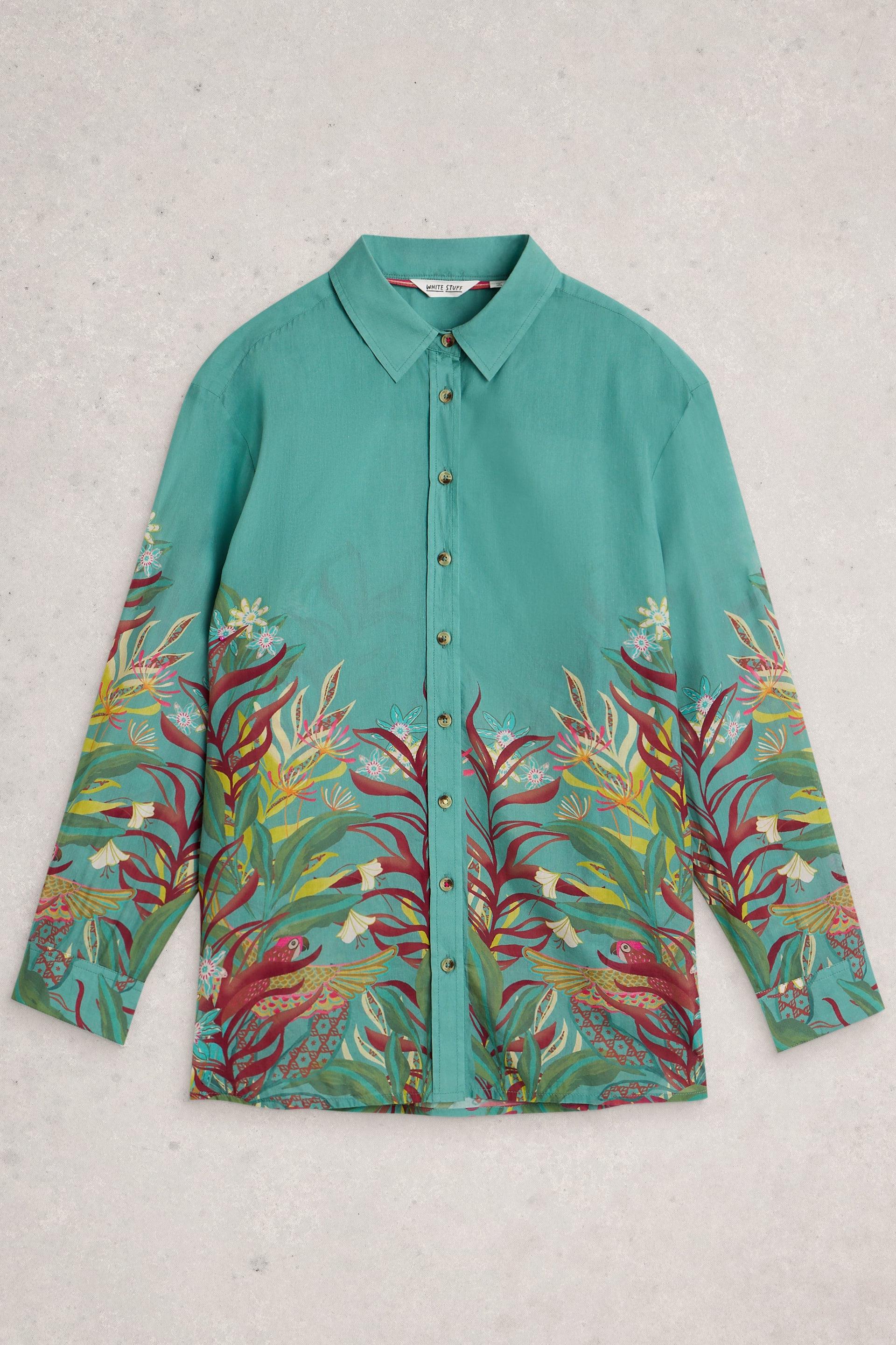 A teal long-sleeved organic cotton printed shirt featuring botanical and parrot motifs from White Stuff Ireland.