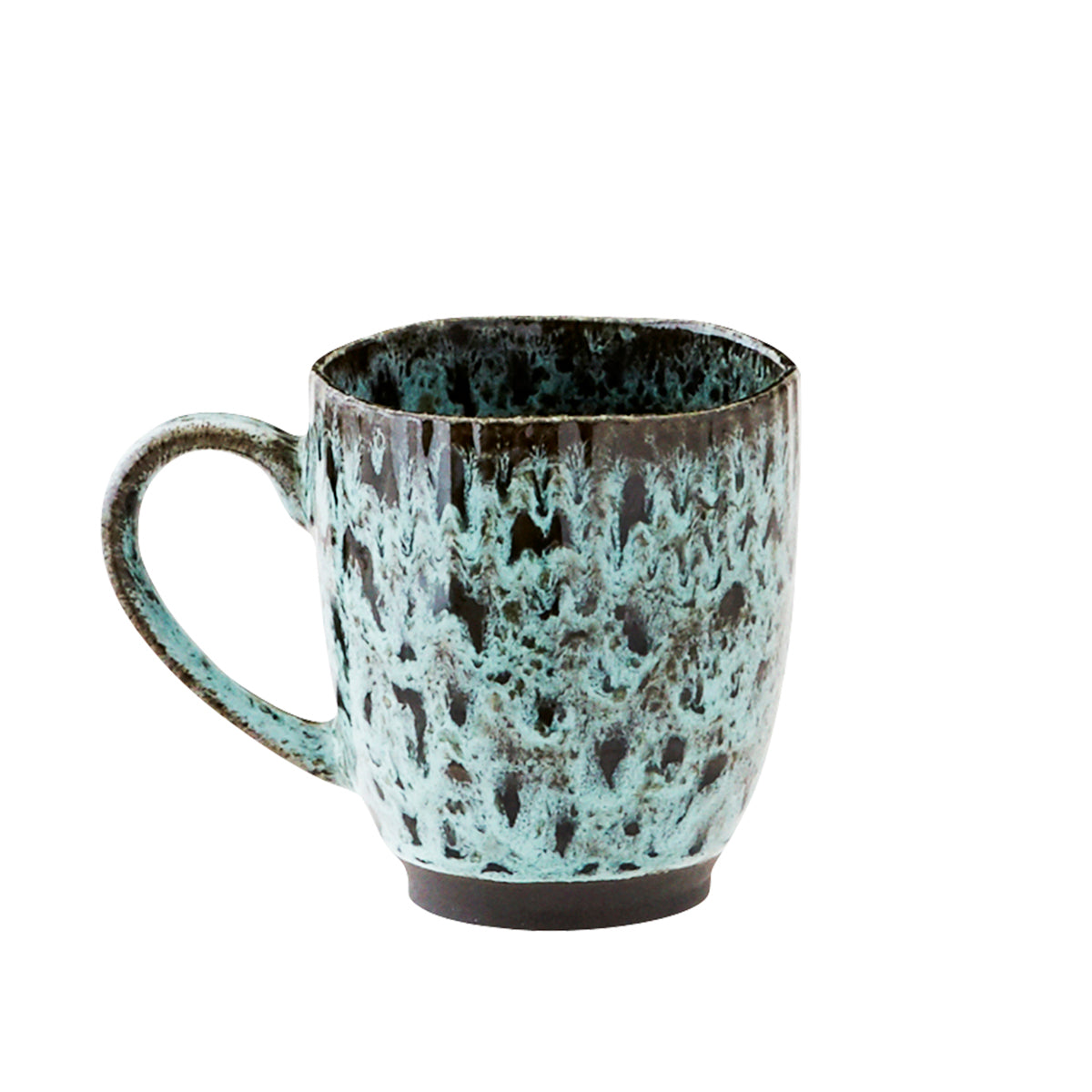 A Madam Stoltz ceramic mug featuring a textured green and black mottled glaze on a white background.