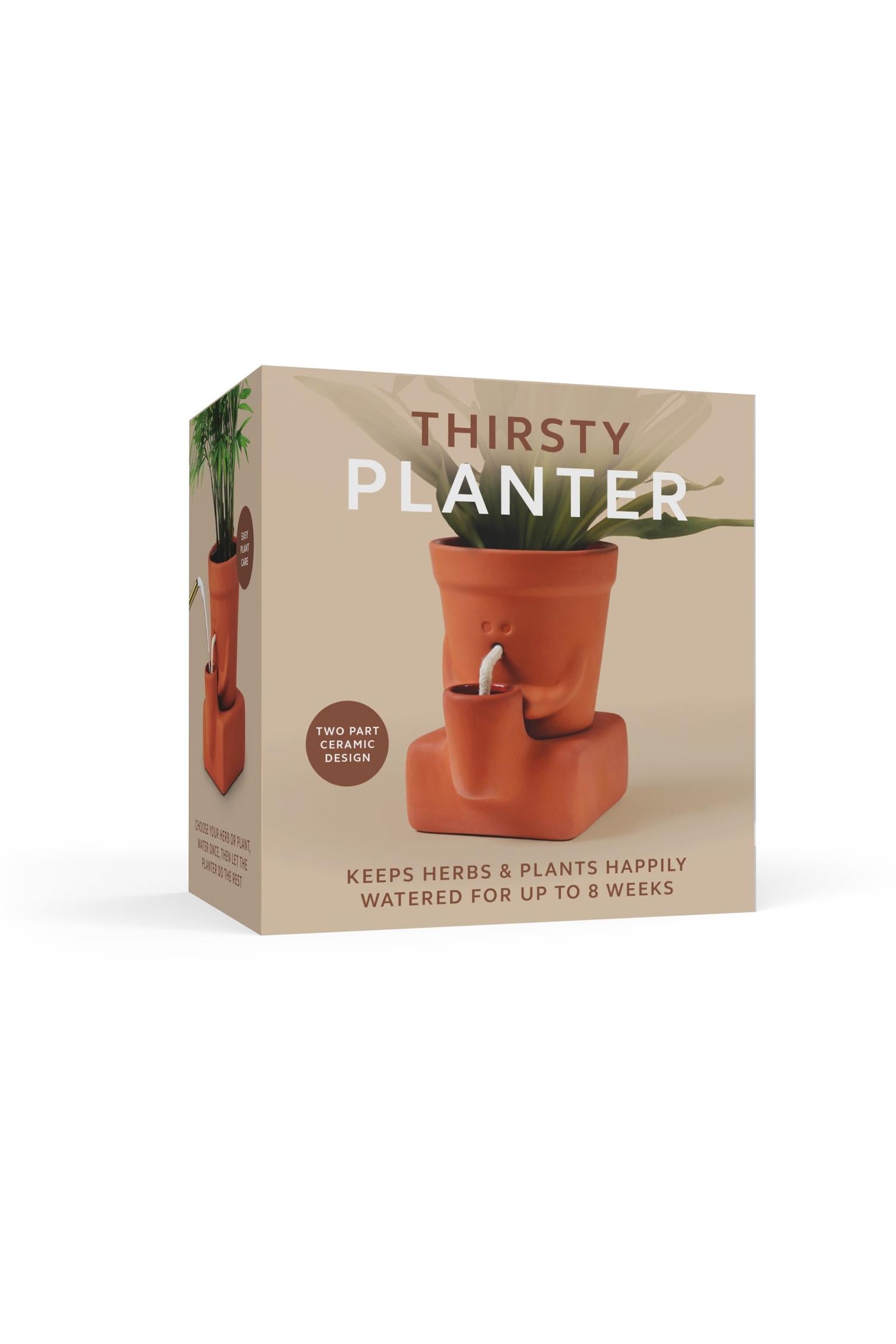 Box packaging of a 'Thirsty Planter' with terracotta color design.