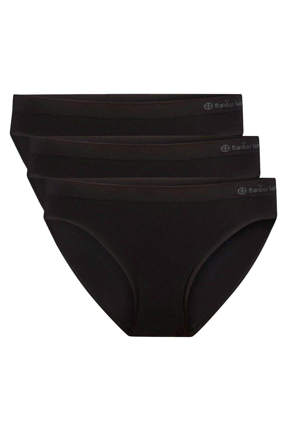 A stack of three comfortable black bamboo underwear briefs on a white background