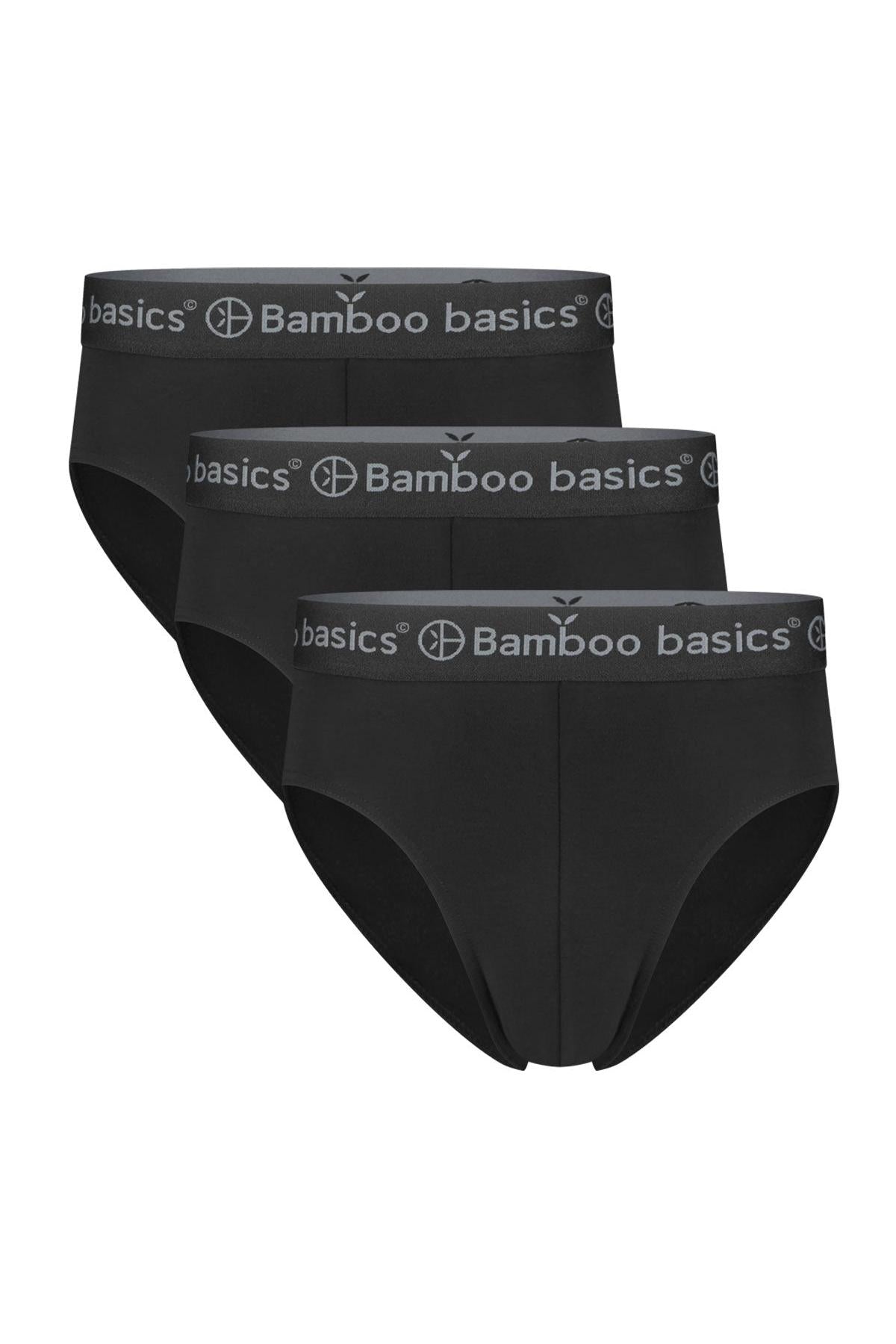 Three black men's underwear with Bamboo Basics branding on a white background