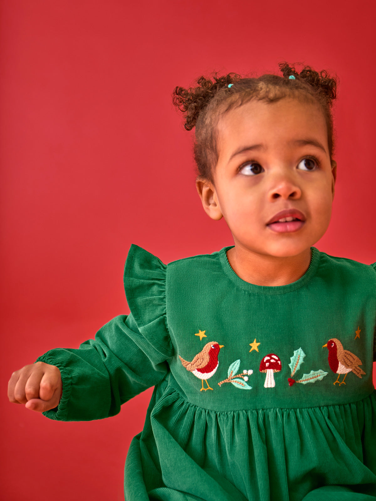 Toddler wearing a green corduroy Christmas dress with embroidered robins and mushrooms against a red background.