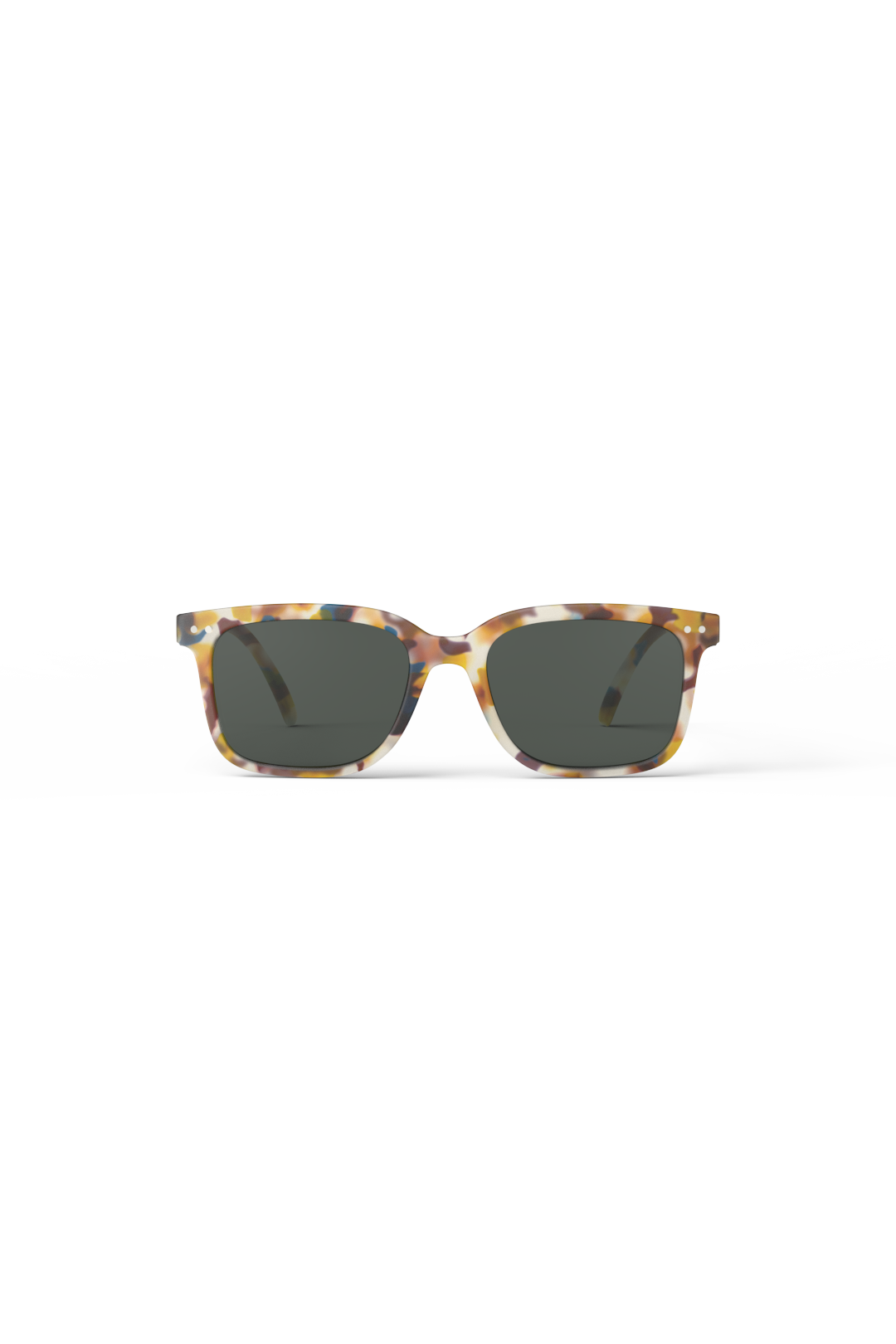 Front view of Izipizi sunglasses with a stylish multi-colored tortoise shell frame and dark tinted lenses.