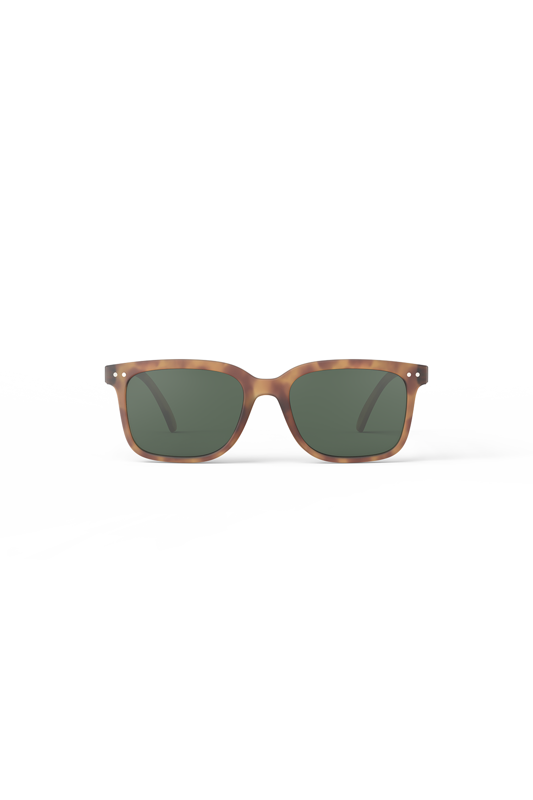 Studio shot of Izipizi sunglasses with a tortoise shell frame and dark green lenses against a white background.