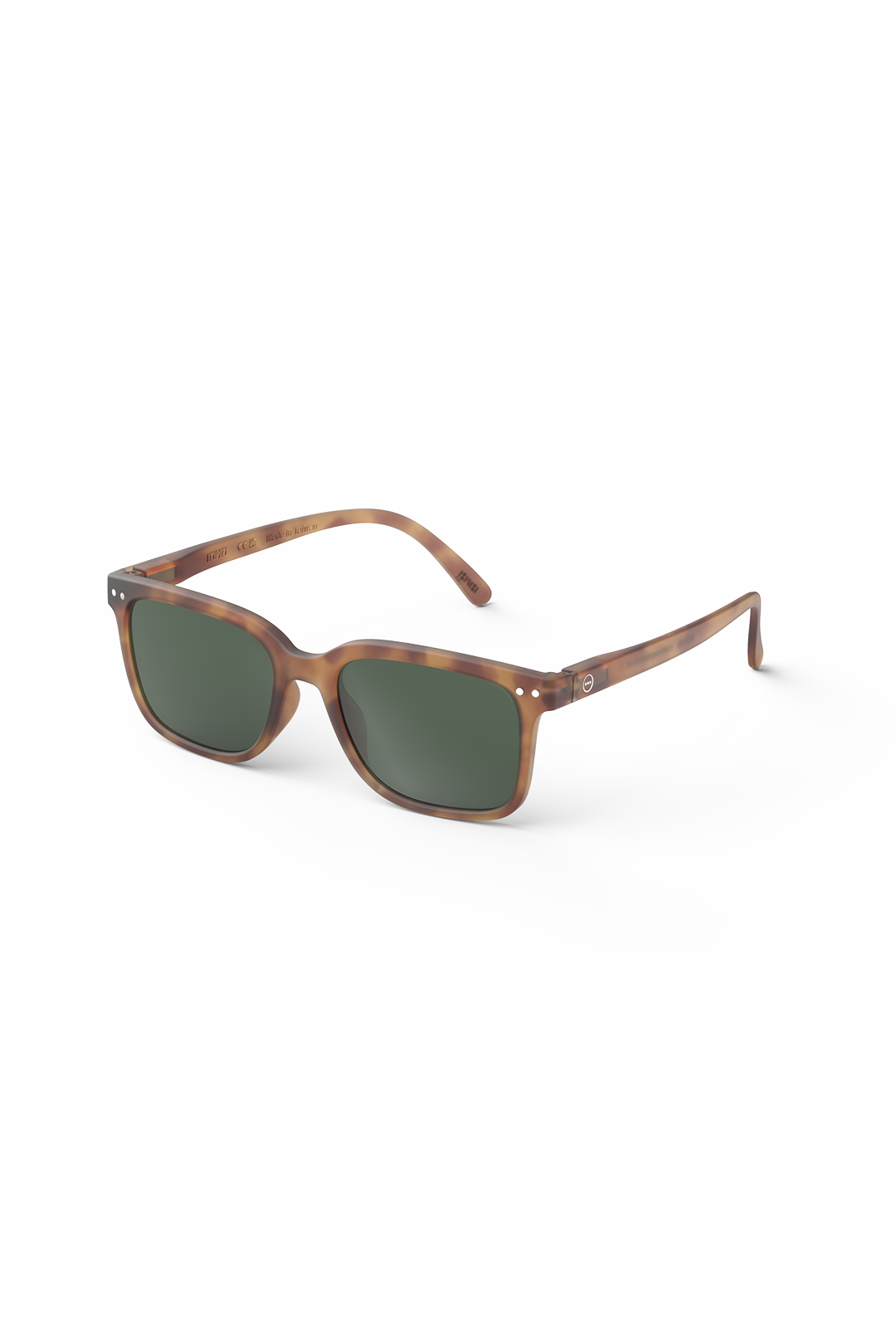 Tortoise shell Izipizi sunglasses with green lenses displayed against a clean white studio background.