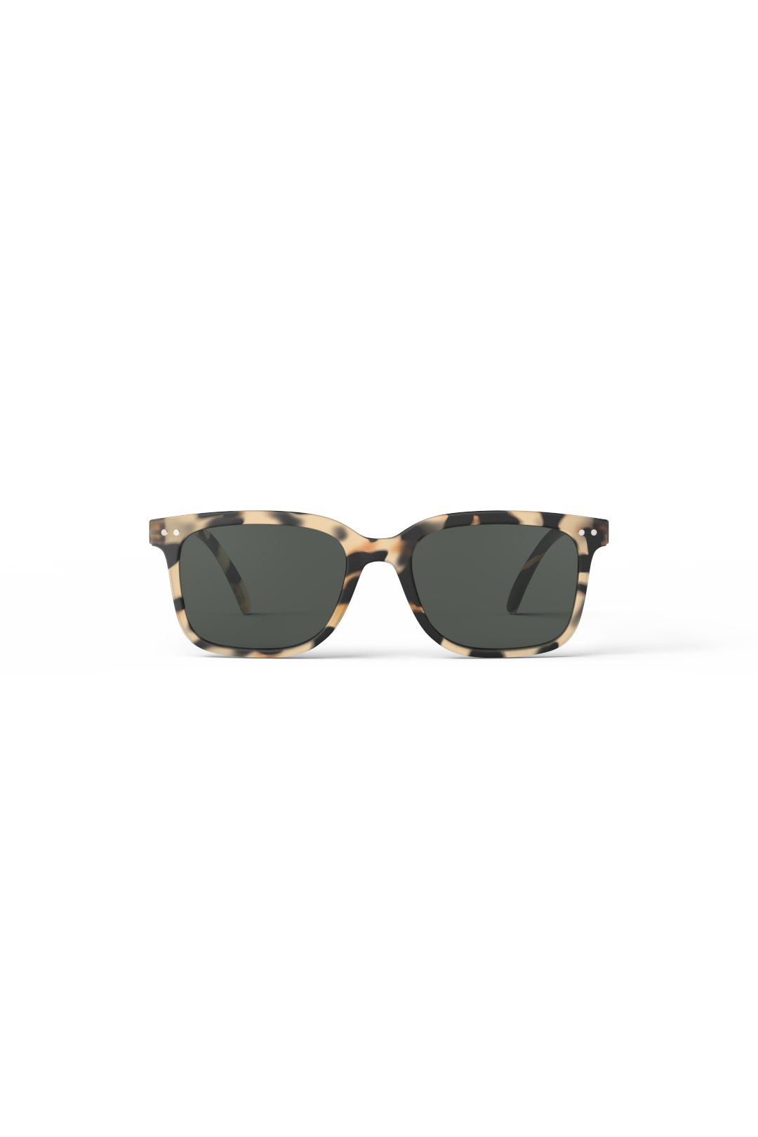 Front view of Izipizi sunglasses with a stylish tortoiseshell frame and dark grey lenses against a white background.
