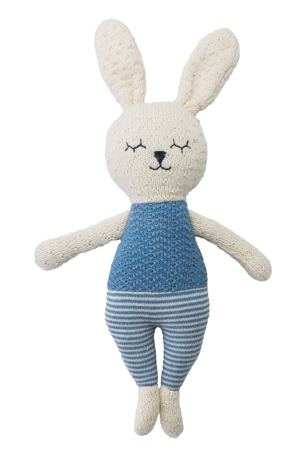 Knitted bunny teddy with blue striped pants and a blue top
