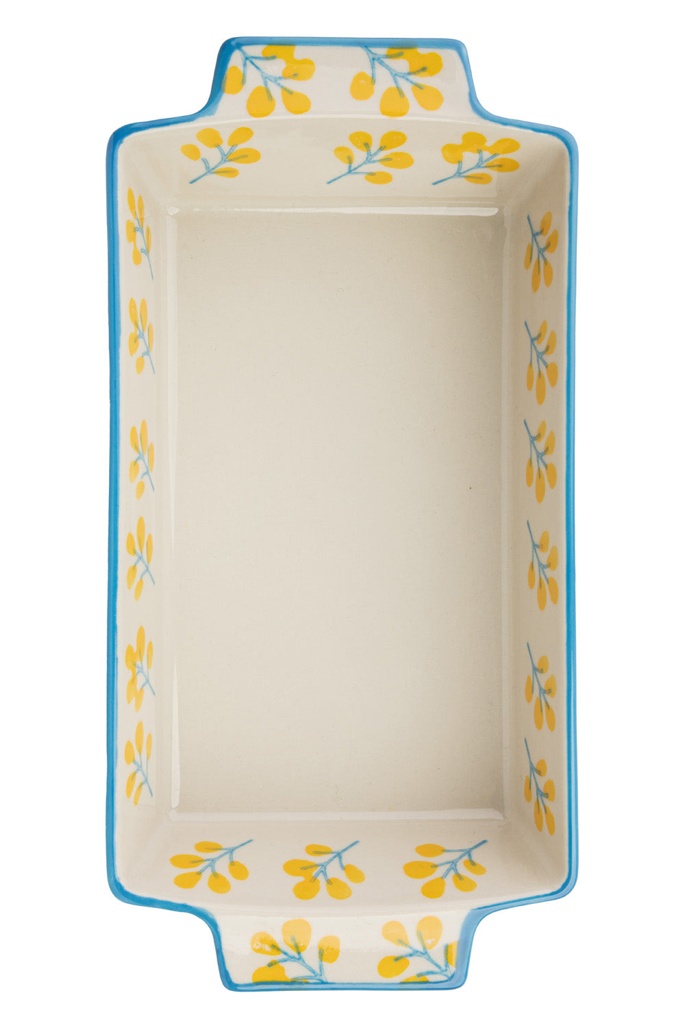 Floral ceramic cake tin with yellow flowers and blue rim on white background