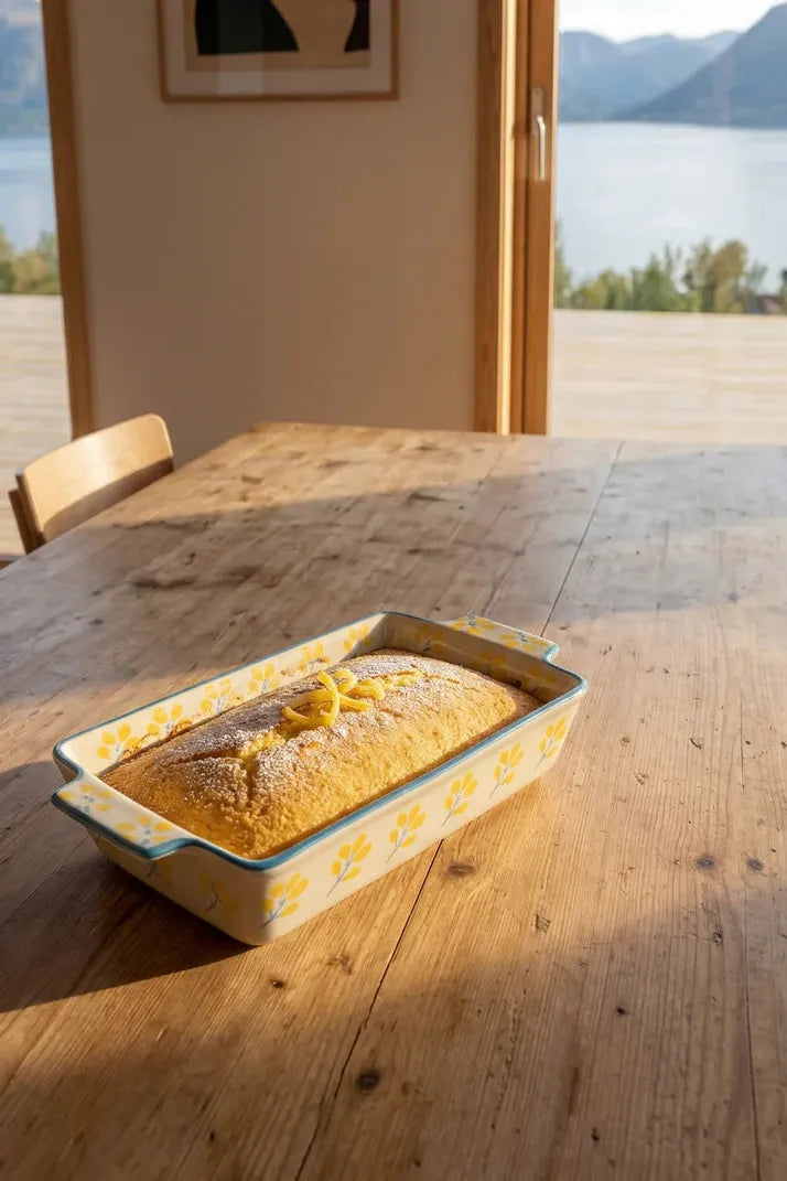 Loaf of bread in a decorative pan on a wooden table with a scenic background