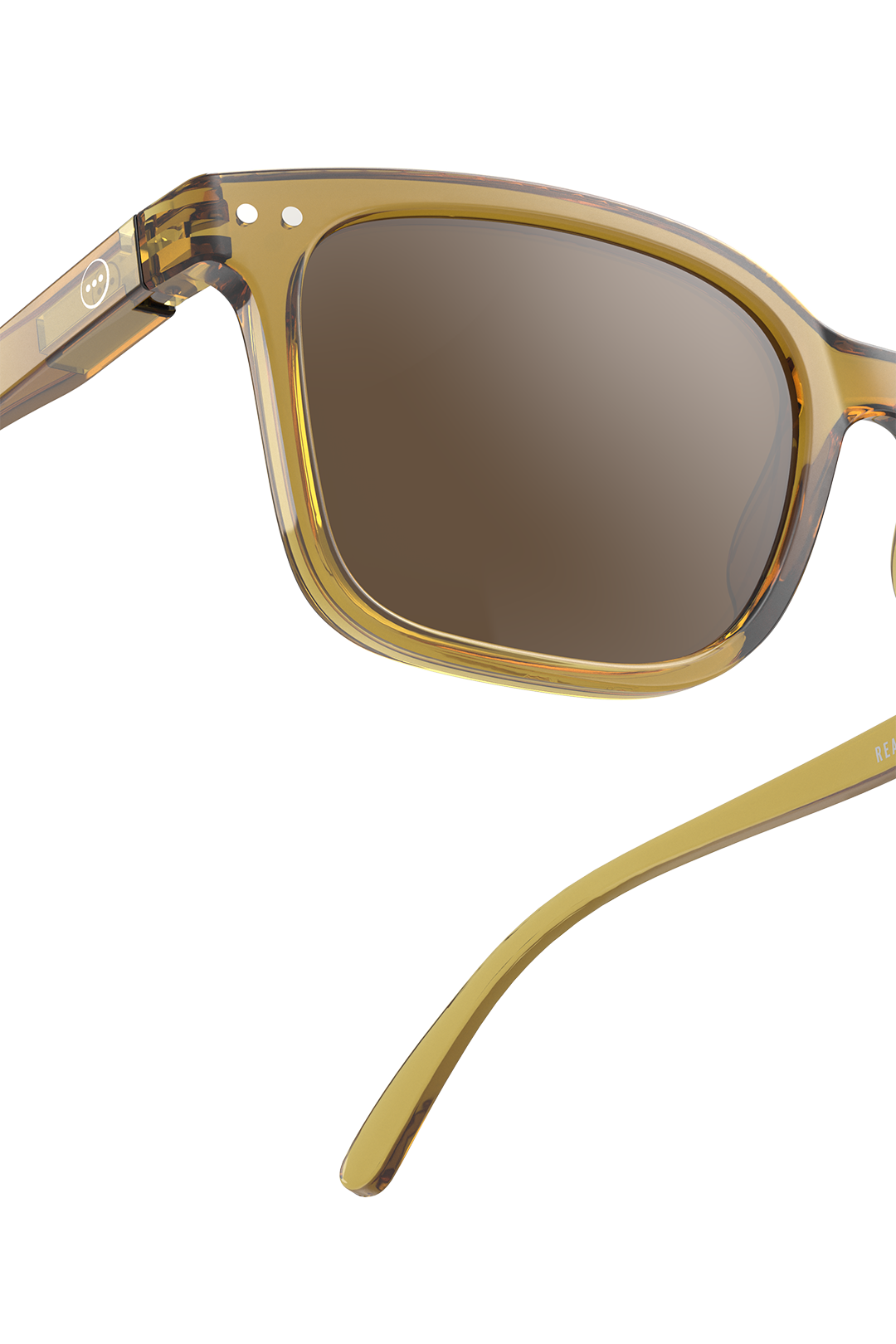 Close-up of translucent amber acetate sunglasses with brown lenses against a white background.