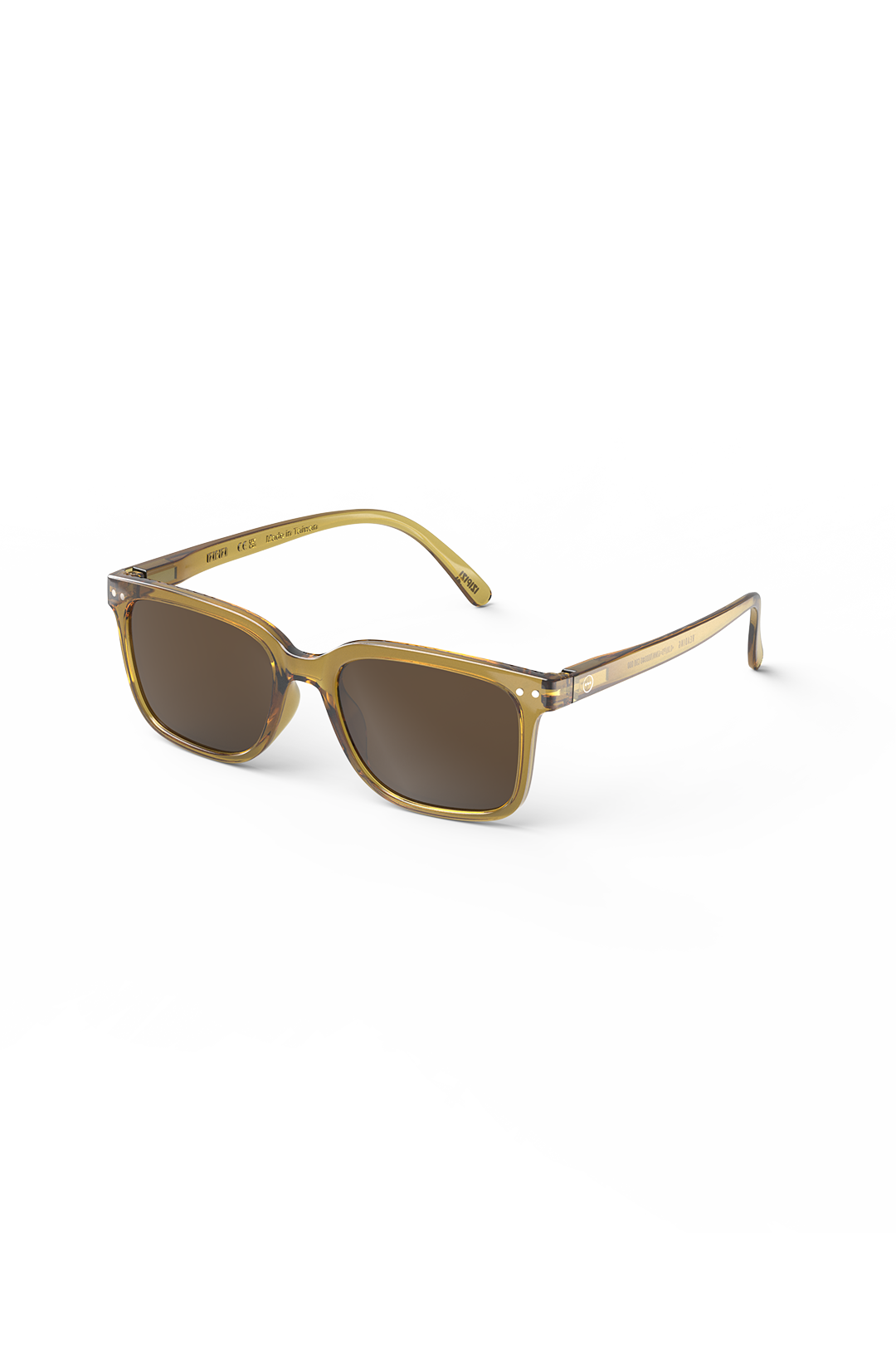 A pair of translucent amber-colored sunglasses with brown lenses isolated on a white background.