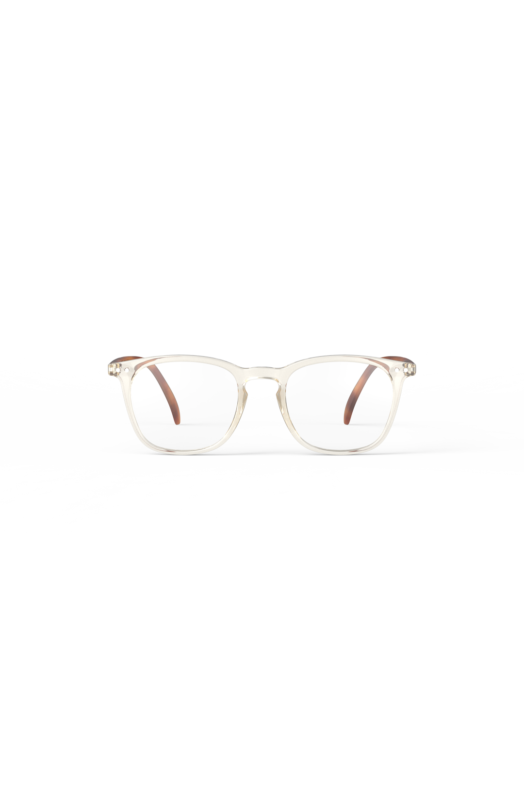 Transparent frame ready readers with dark espresso brown temples on a clean white background.