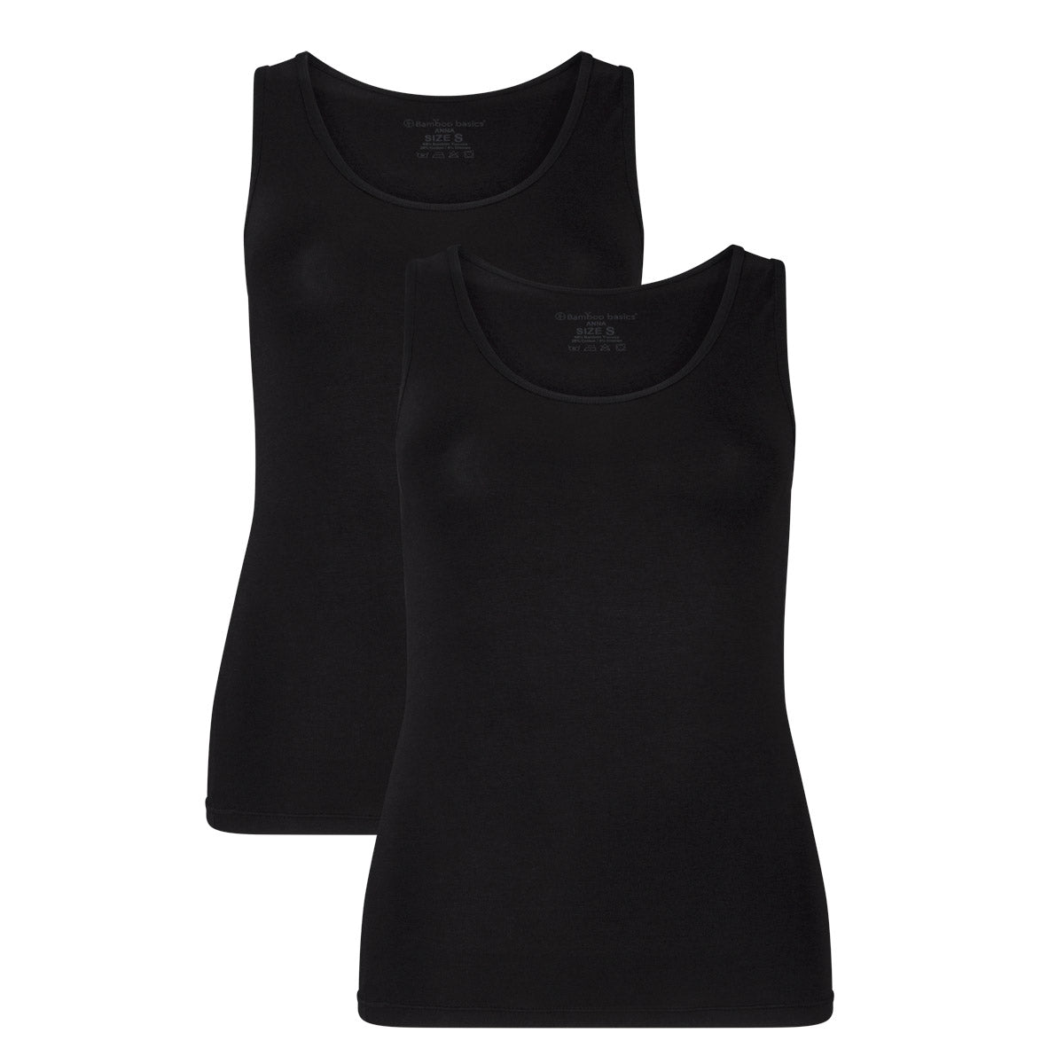 Two black sleeveless women's vests made of soft breathable bamboo fabric on a white background