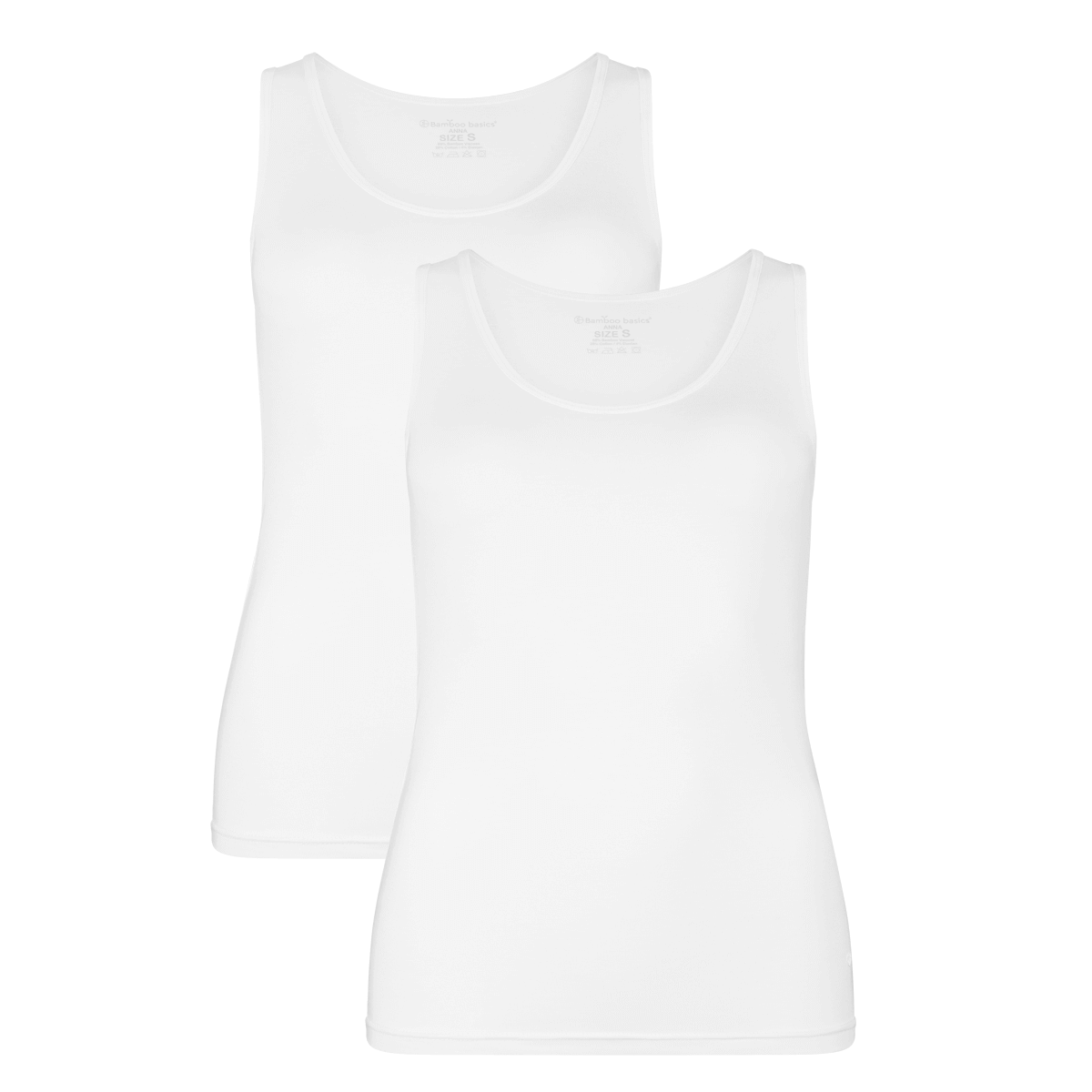 Two women's white bamboo fabric vests arranged on a plain white background.