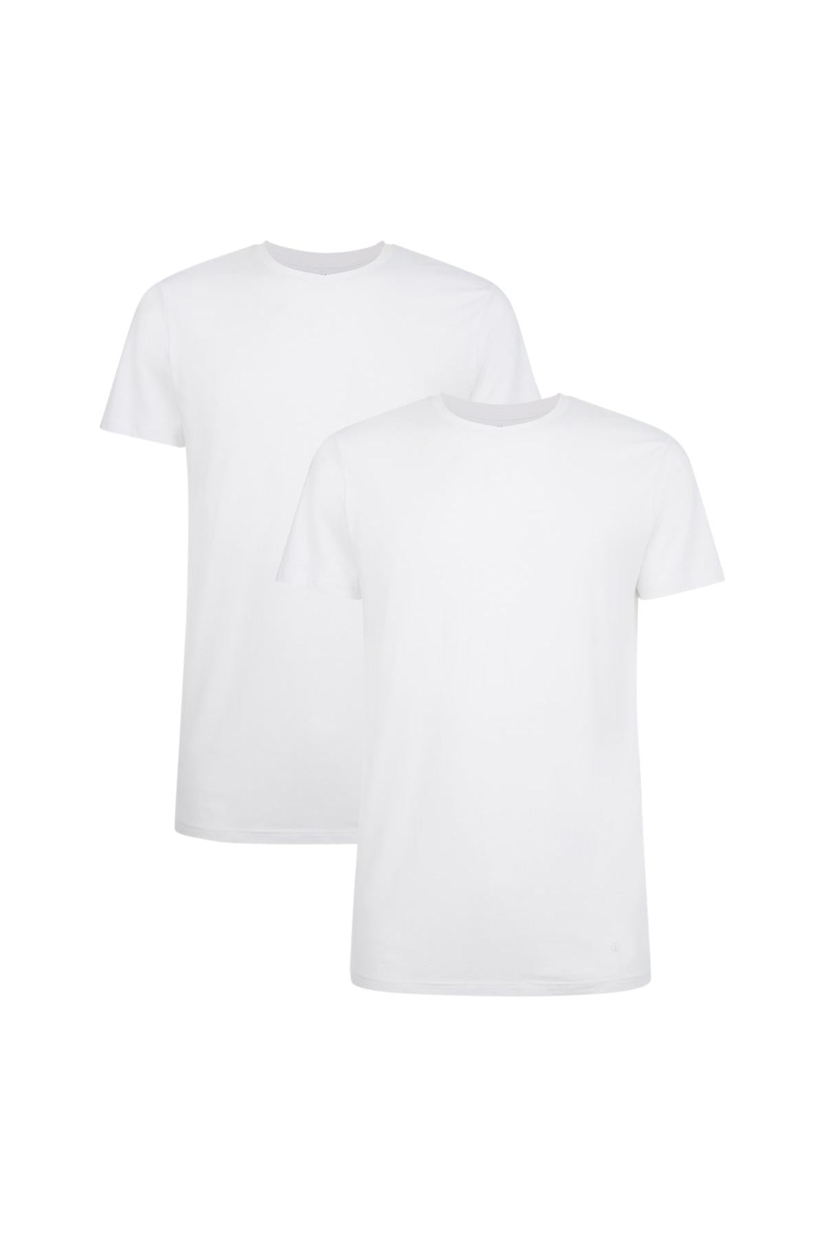 Two plain white t-shirts made from bamboo fiber displayed against a clean white background