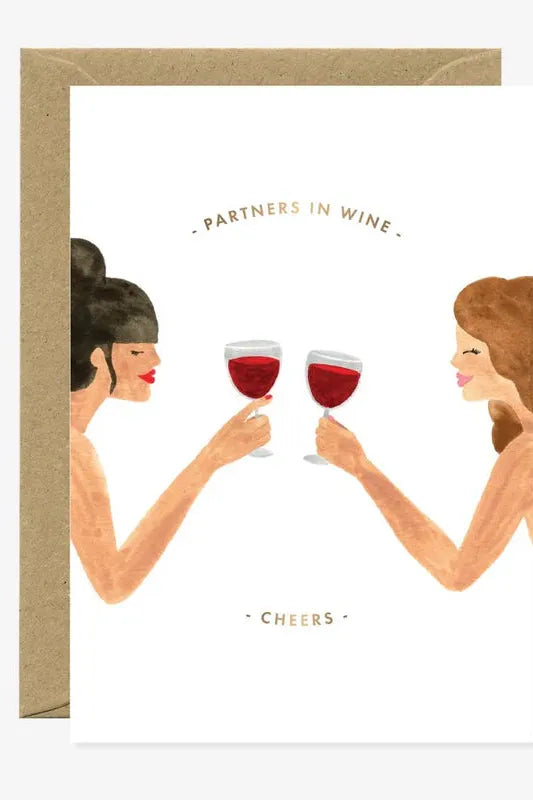 Illustration of two women holding wine glasses with 'Partners in Wine' text on a white background.