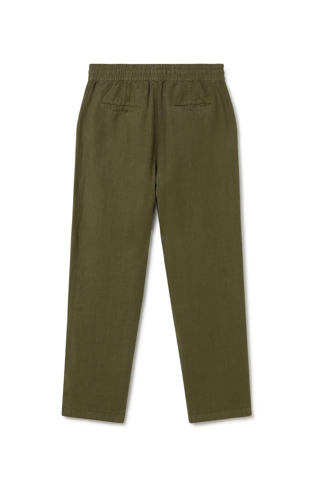 Green linen pants on a white background